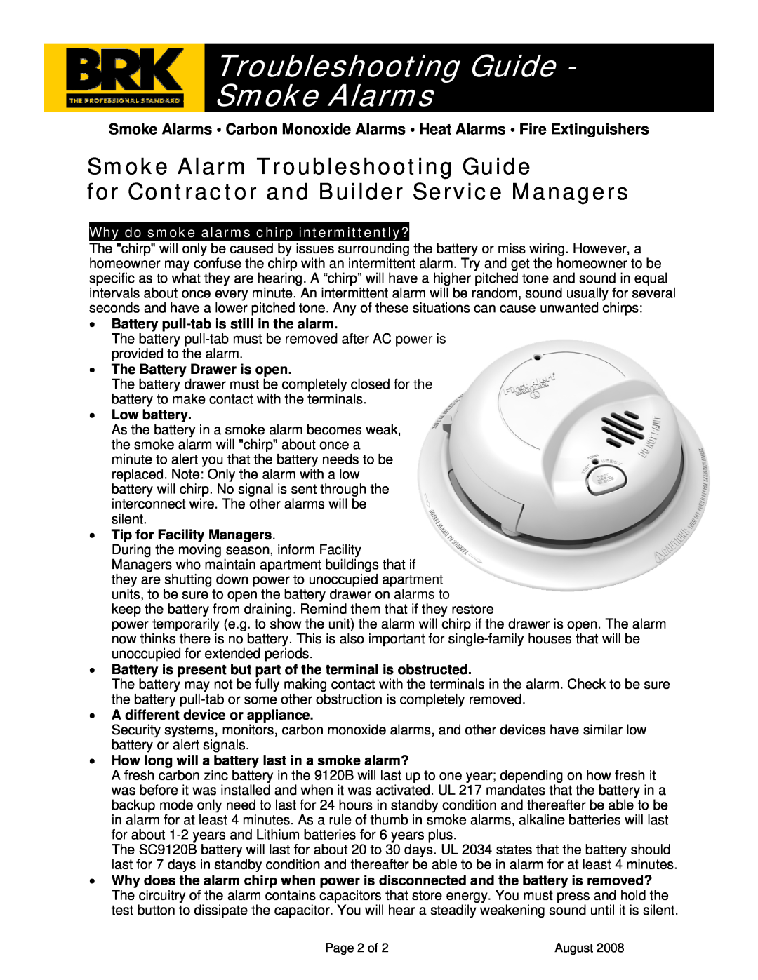 BRK electronic manual Why do smoke alarms chirp intermittently?, Troubleshooting Guide Smoke Alarms 