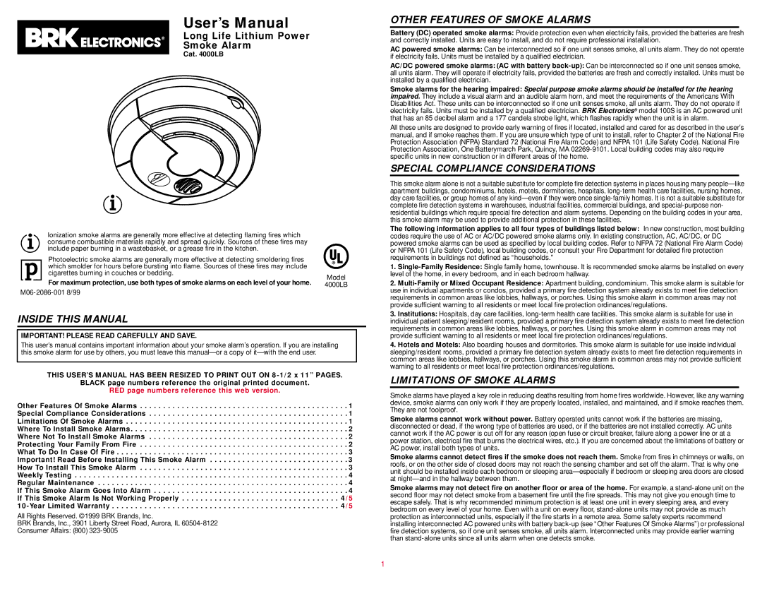 BRK electronic user manual Inside this Manual, Other Features of Smoke Alarms, Cat LB 