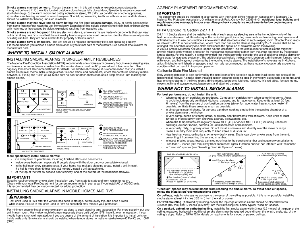 BRK electronic user manual Where to Install Smoke Alarms, Where not to Install Smoke Alarms, Nfpa Standard 72 Section 