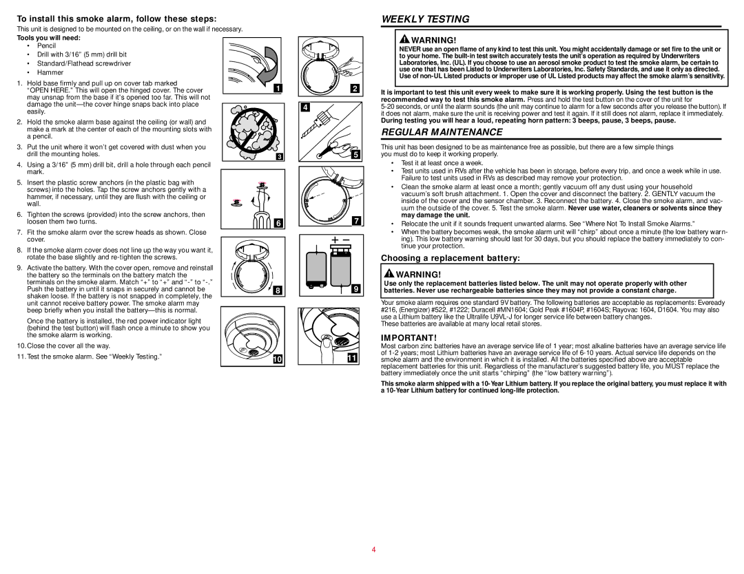 BRK electronic Smoke Alarms Weekly Testing, To install this smoke alarm, follow these steps, Tools you will need 