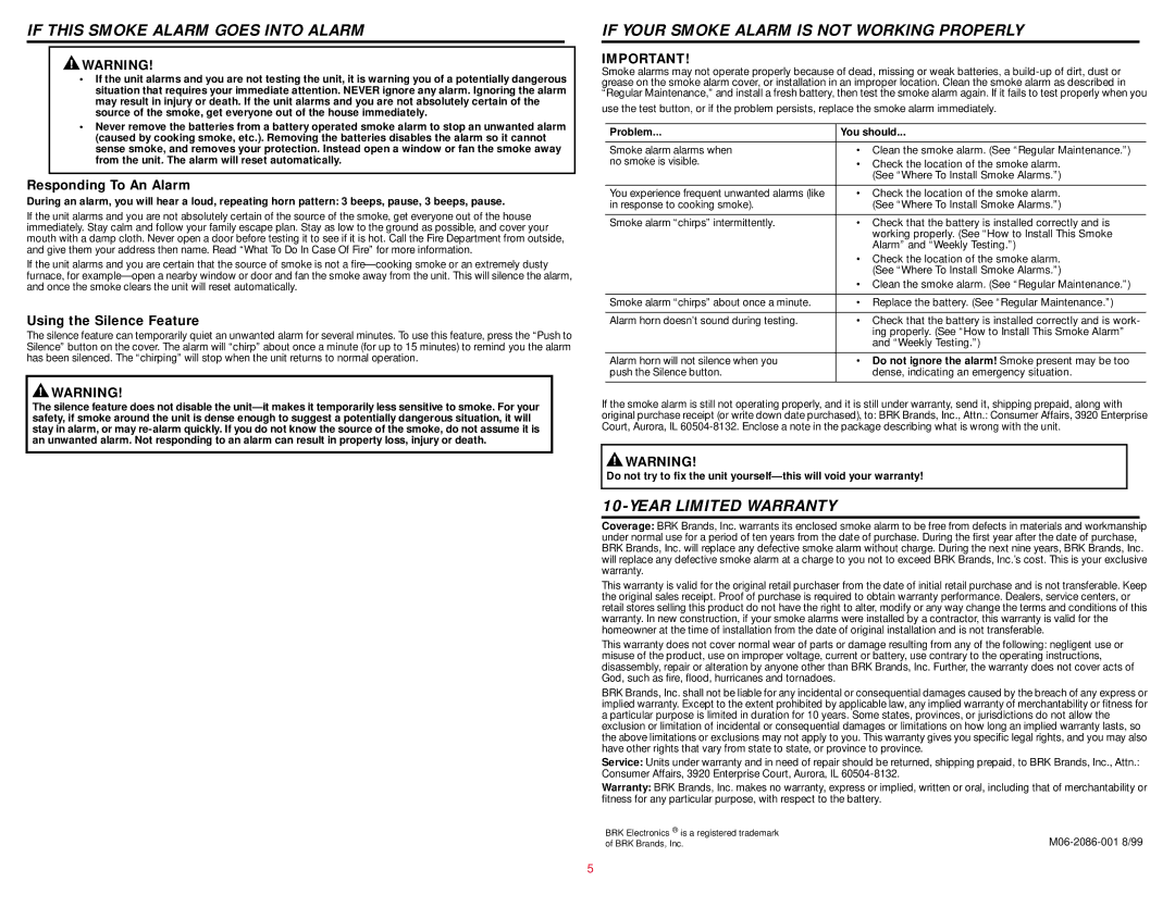 BRK electronic Smoke Alarms user manual If this Smoke Alarm Goes Into Alarm, If Your Smoke Alarm is not Working Properly 