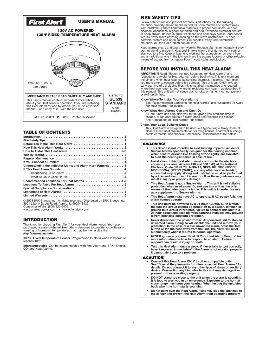 BRK electronic UL539 user manual USER’S Manual, Fire Safety Tips, Before YOU Install this Heat Alarm, Table of Contents 