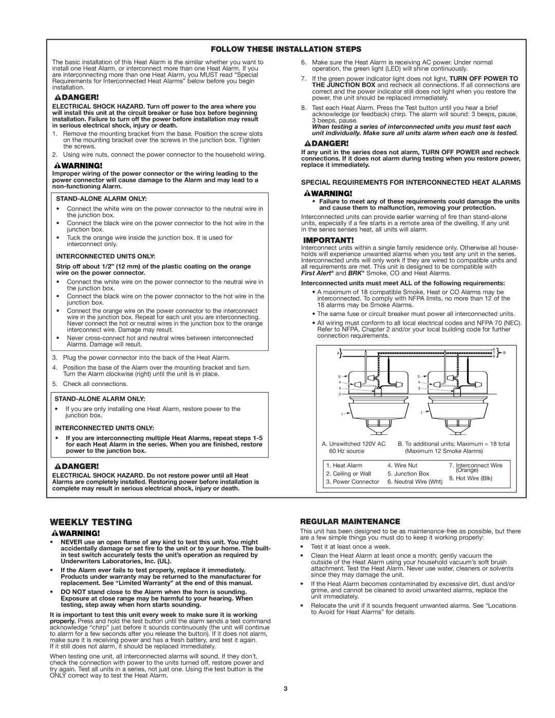 BRK electronic UL539 Weekly Testing, Follow These Installation Steps, Regular Maintenance, STAND-ALONE Alarm only 