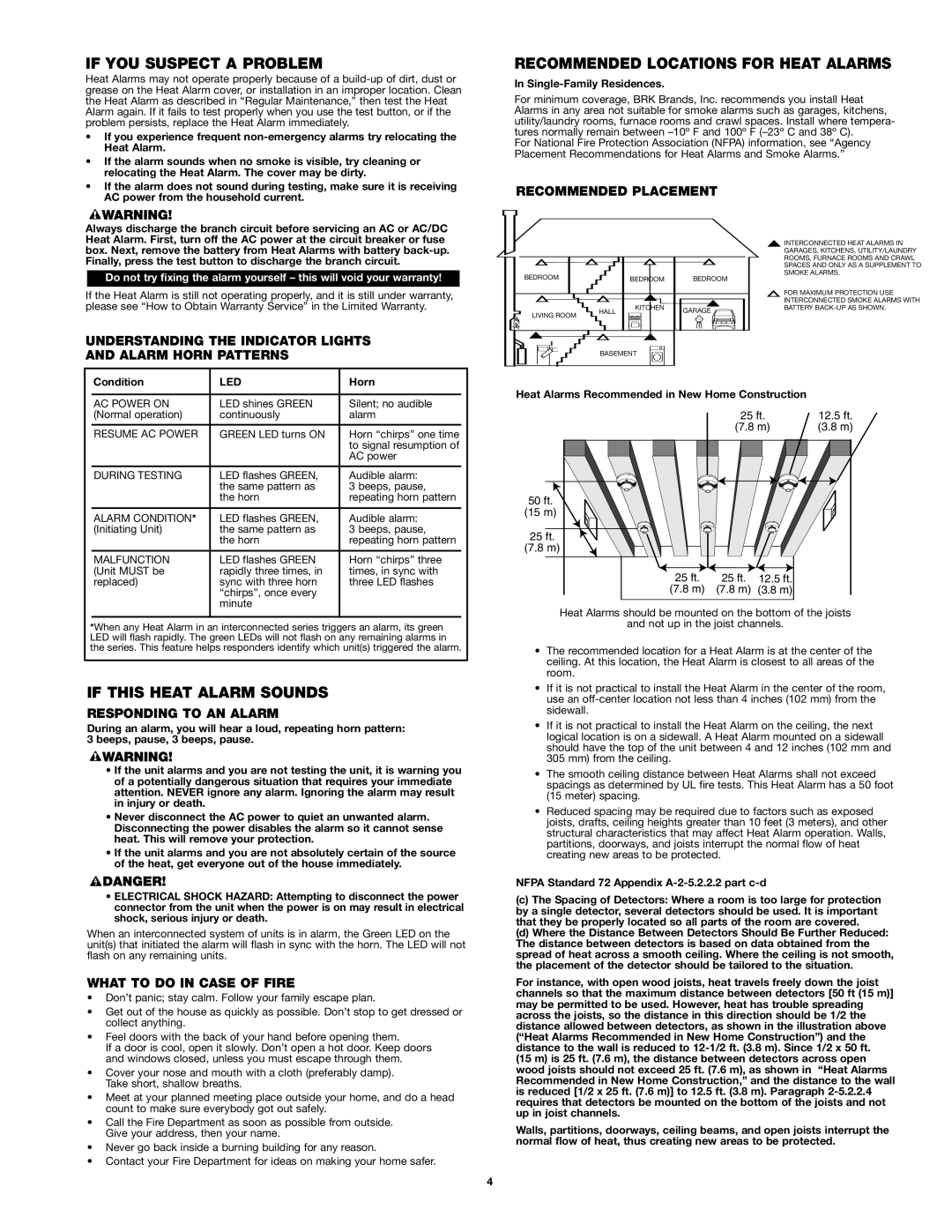 BRK electronic UL539 user manual If YOU Suspect a Problem, Recommended Locations for Heat Alarms, If this Heat Alarm Sounds 