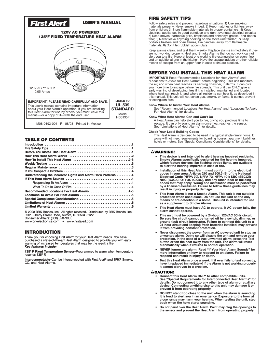 BRK electronic UL539 user manual User’S Manual, Fire Safety Tips, Before You Install This Heat Alarm, Table Of Contents 