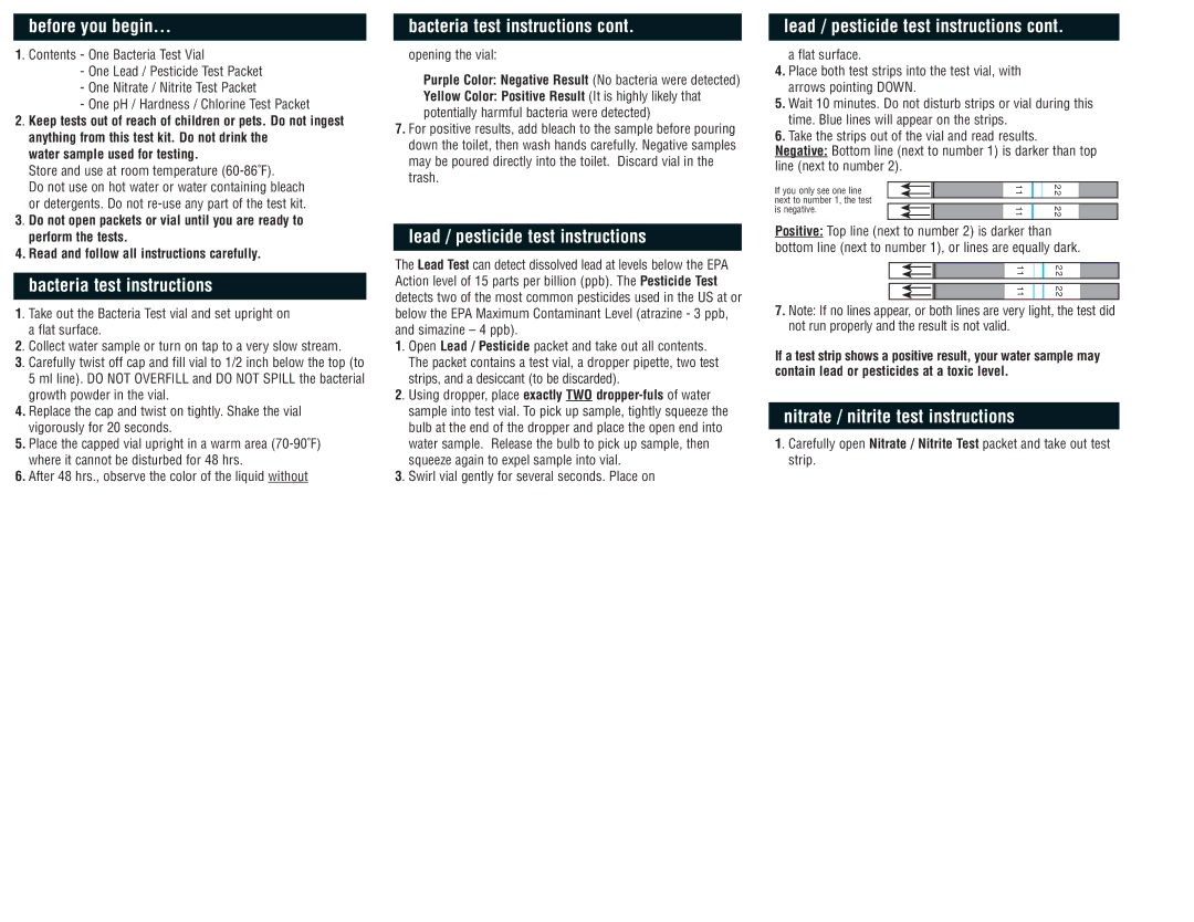 BRK electronic WT1 manual Before you begin, Bacteria test instructions, Lead / pesticide test instructions 