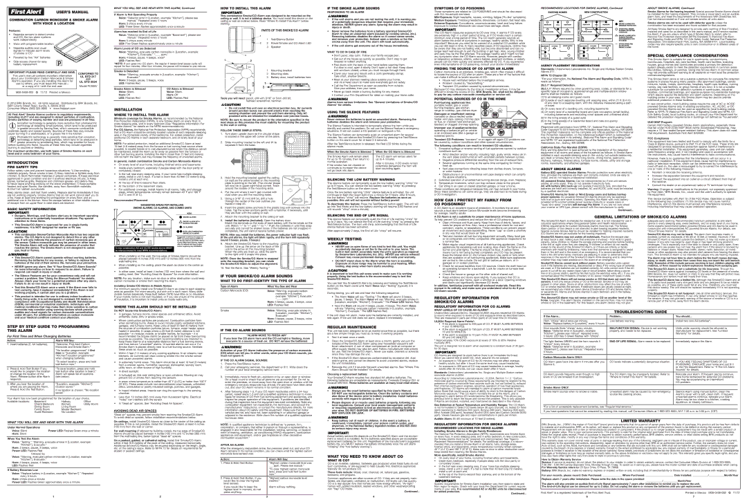 BRK electronic first alert combination carbon monoxide & smoke alarm with voice & location user manual USER’S Manual 