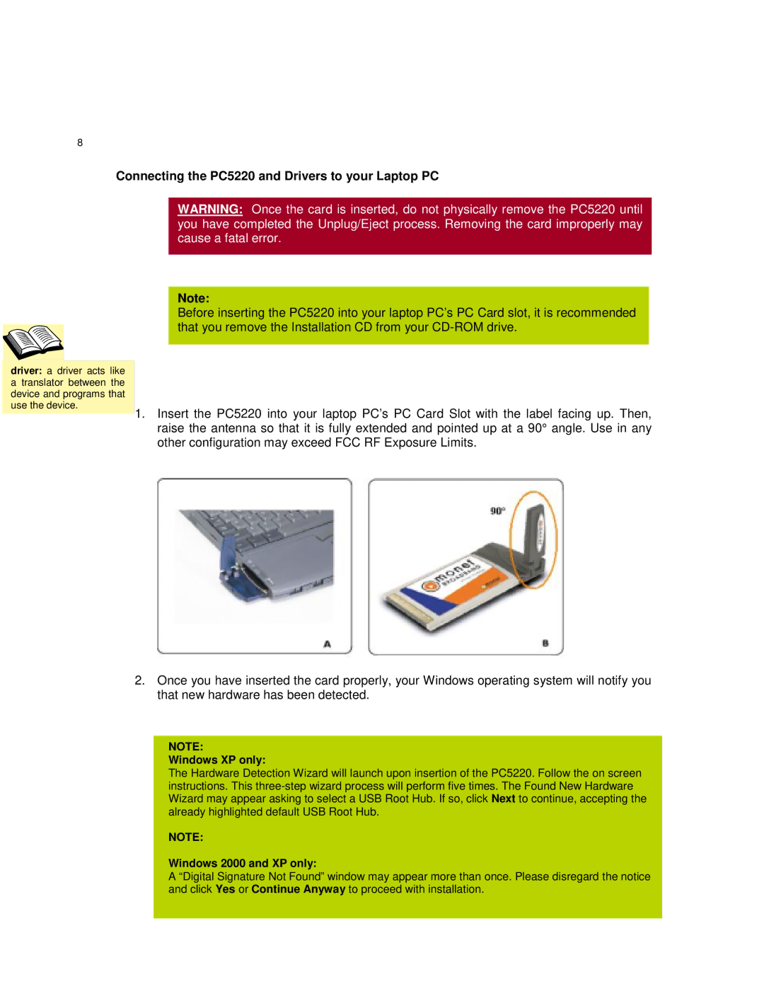 Broadband Products manual Connecting the PC5220 and Drivers to your Laptop PC, Windows XP only 