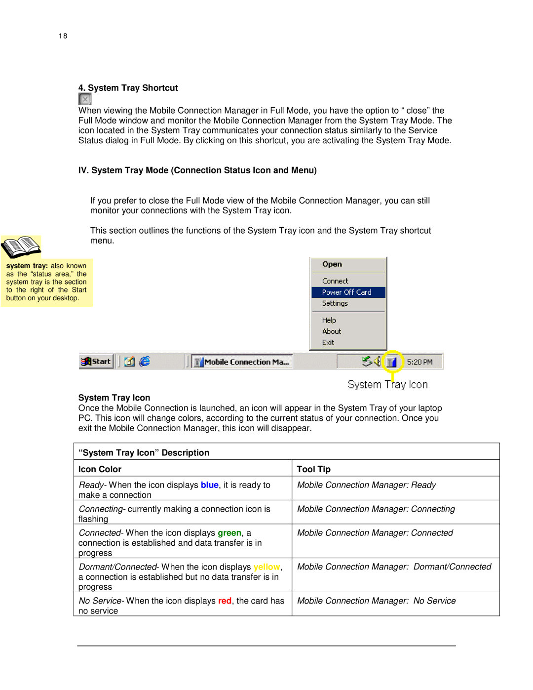 Broadband Products PC5220 manual System Tray Shortcut, System Tray Icon Description 