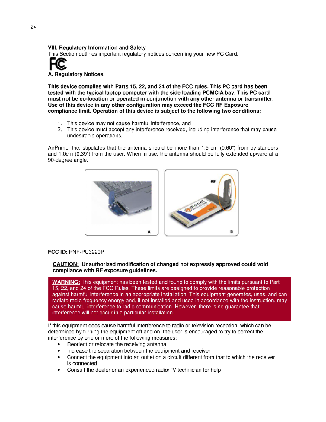 Broadband Products PC5220 manual VIII. Regulatory Information and Safety, FCC ID PNF-PC3220P 