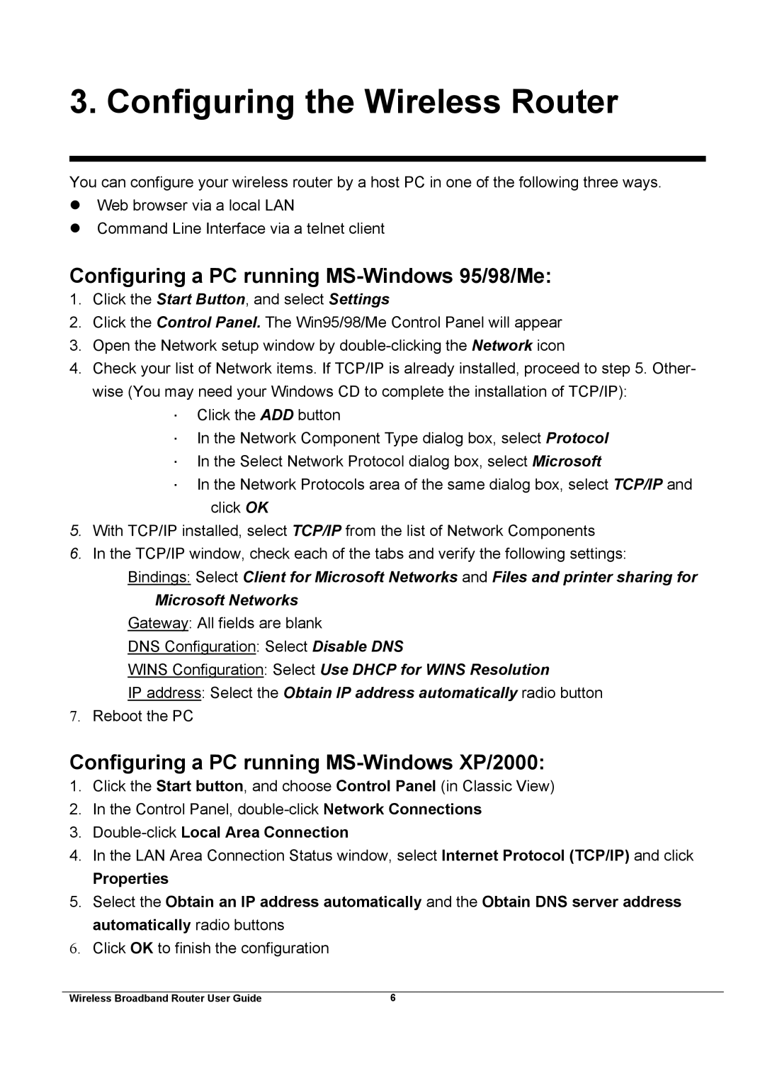 Broadband Products xDSL/Cable Configuring a PC running MS-Windows 95/98/Me, Configuring a PC running MS-Windows XP/2000 