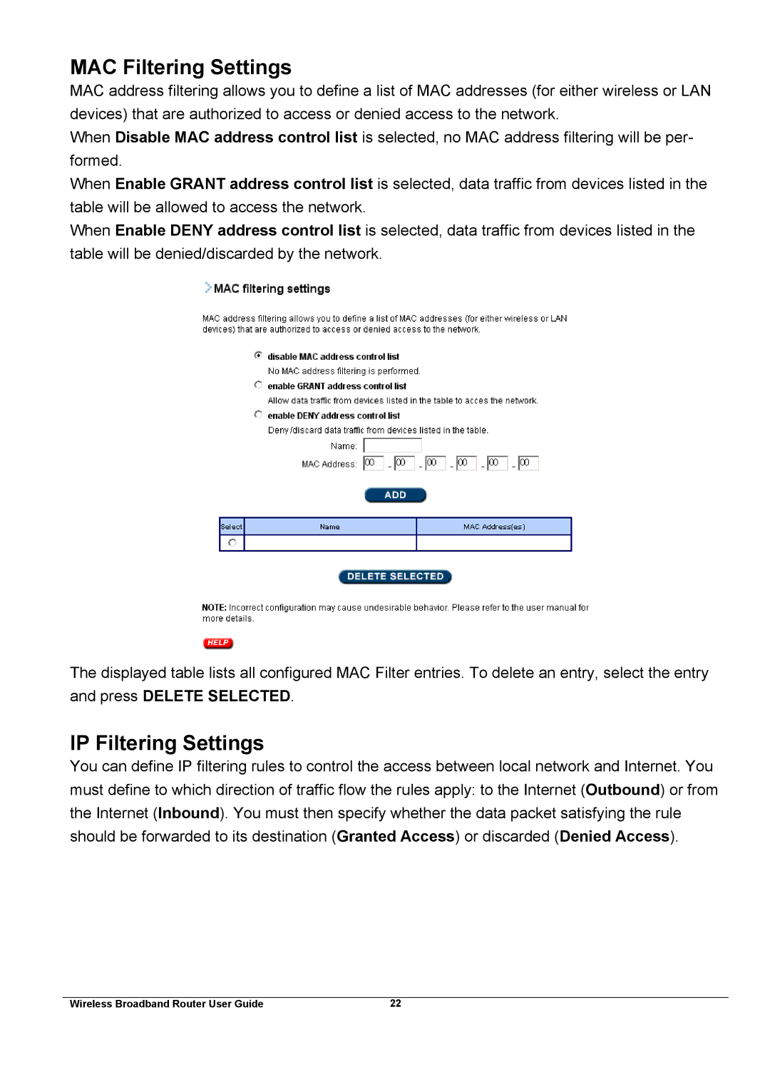 Broadband Products xDSL/Cable manual MAC Filtering Settings, IP Filtering Settings 