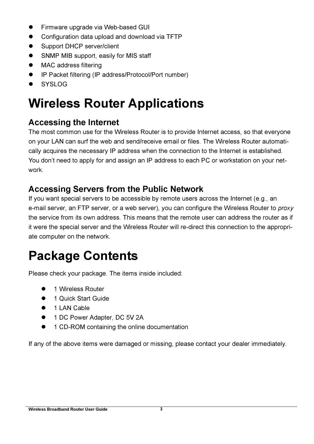 Broadband Products xDSL/Cable manual Wireless Router Applications, Package Contents 