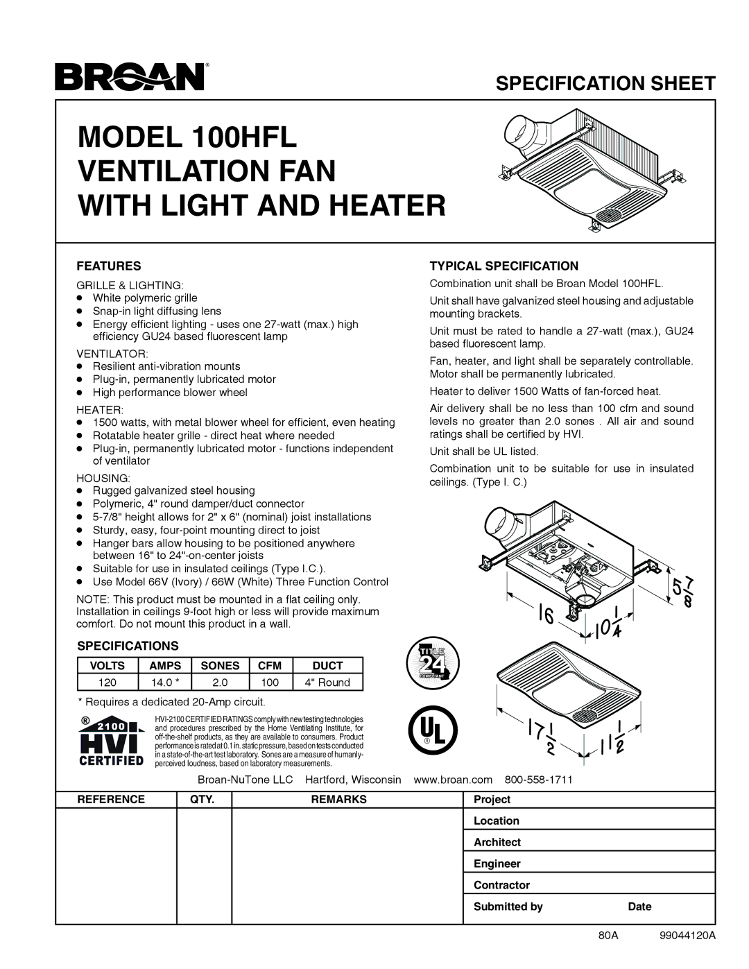 Broan 100HFL specifications Features, Specifications, Typical Specification 