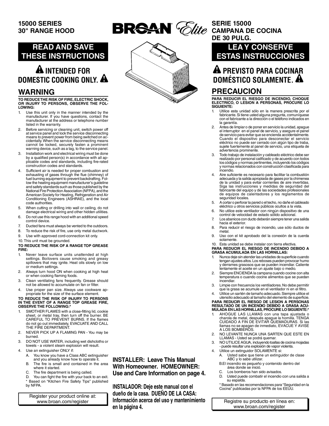 Broan 153004 warranty Precaucion, To Reduce the Risk of a Range TOP Grease Fire 