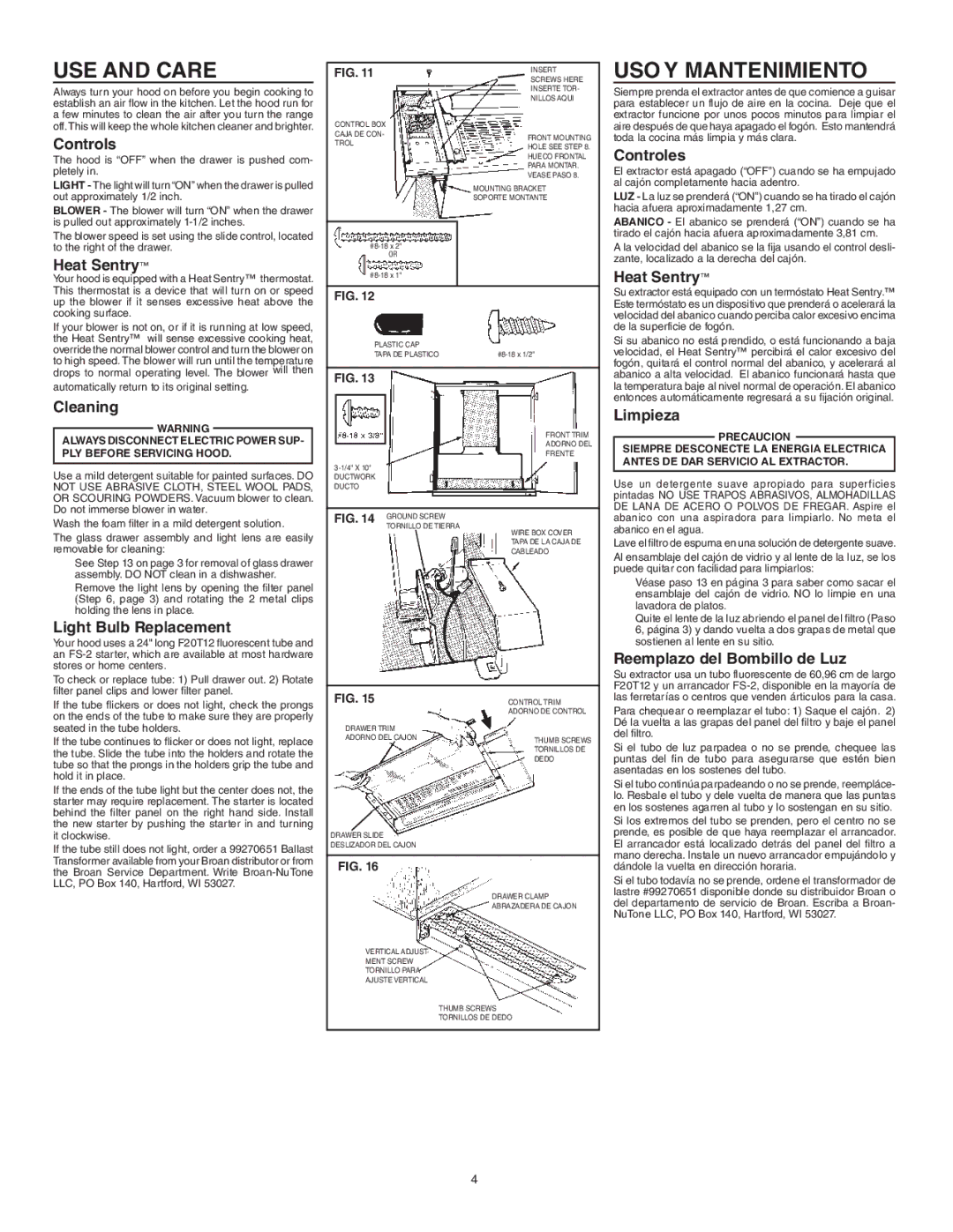 Broan 153004 warranty USE and Care, USO Y Mantenimiento, Your hood is equipped with a Heat Sentry thermostat 