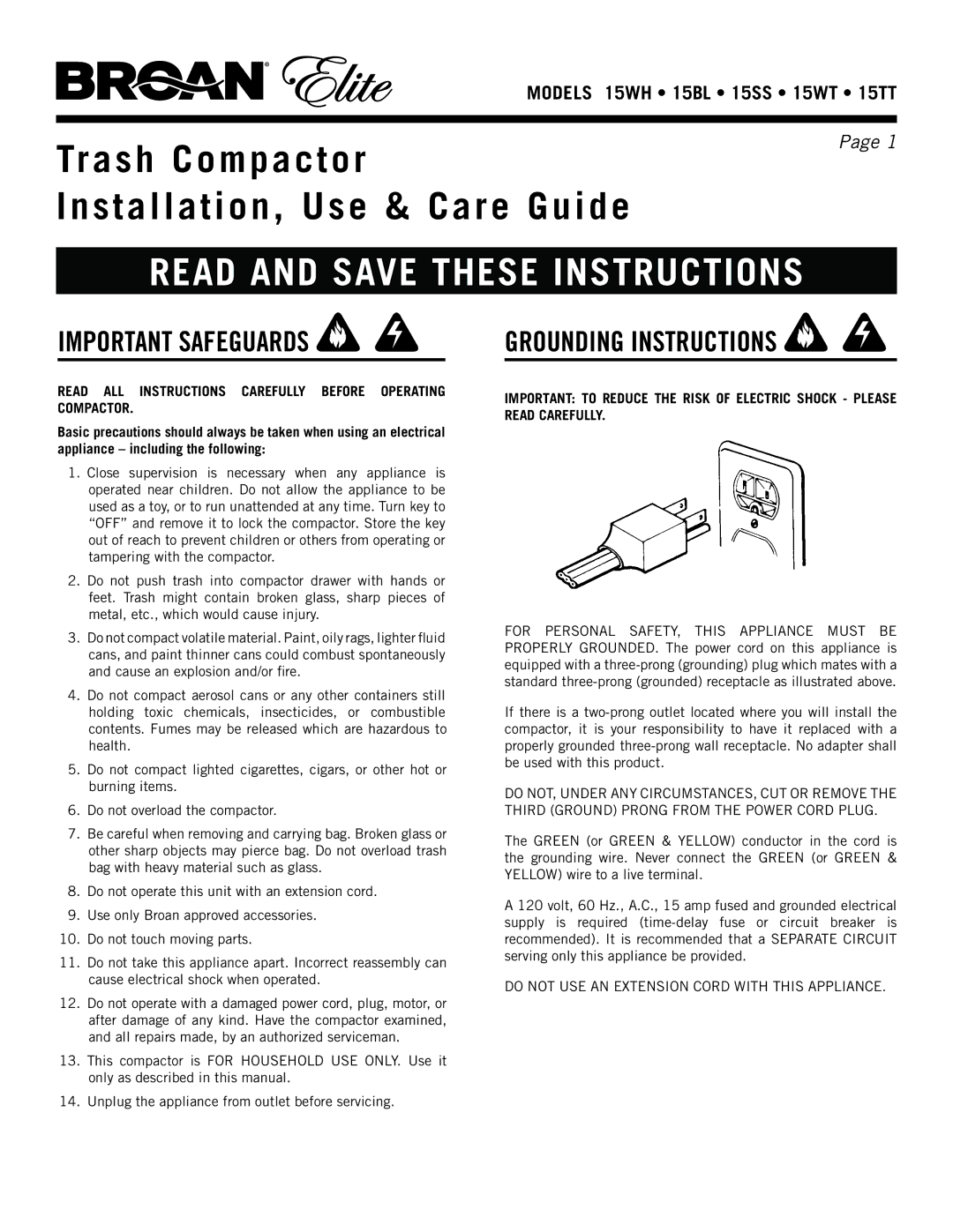 Broan 15ss, 15WH, 15TT, 15WT manual Read and save these instructions 