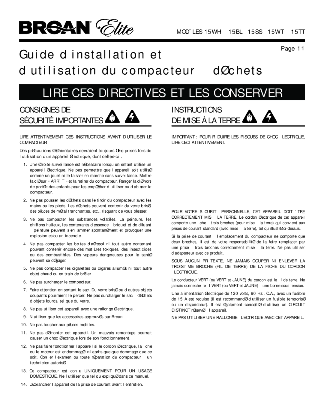 Broan 15WT, 15WH, 15ss, 15TT manual Consignes DE Sécurité Importantes, Instructions DE Mise À LA Terre 