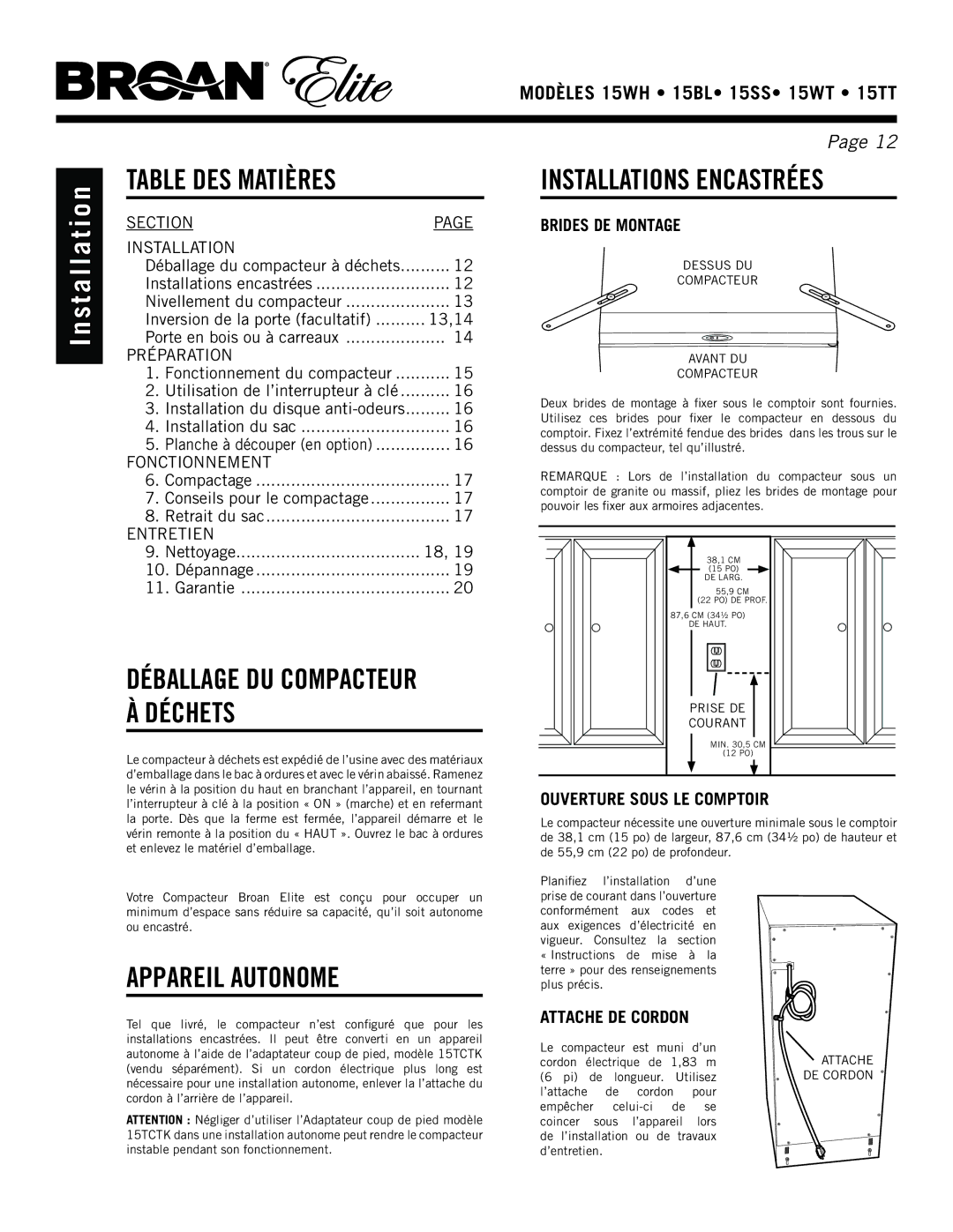 Broan 15WH, 15ss Appareil Autonome, Table DES Matières, Brides DE Montage, Ouverture Sous LE Comptoir, Attache DE Cordon 