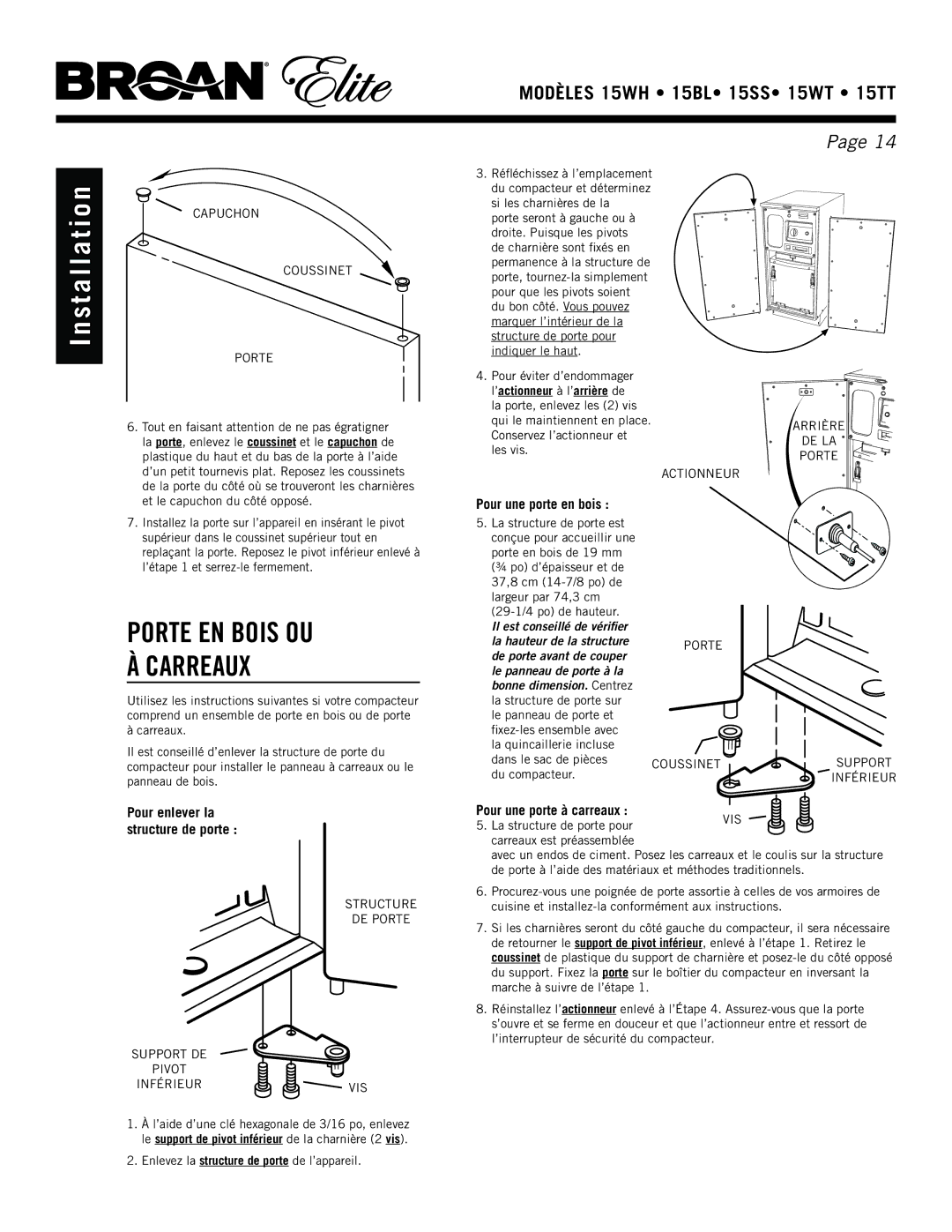 Broan 15TT, 15WH, 15ss, 15WT manual Porte en bois ou à carreaux, Pour une porte en bois, Pour une porte à carreaux 