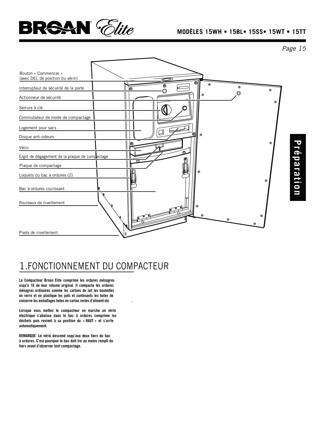 Broan 15WT, 15WH, 15ss, 15TT manual Pr é p a r a t i o n, Fonctionnement DU Compacteur 