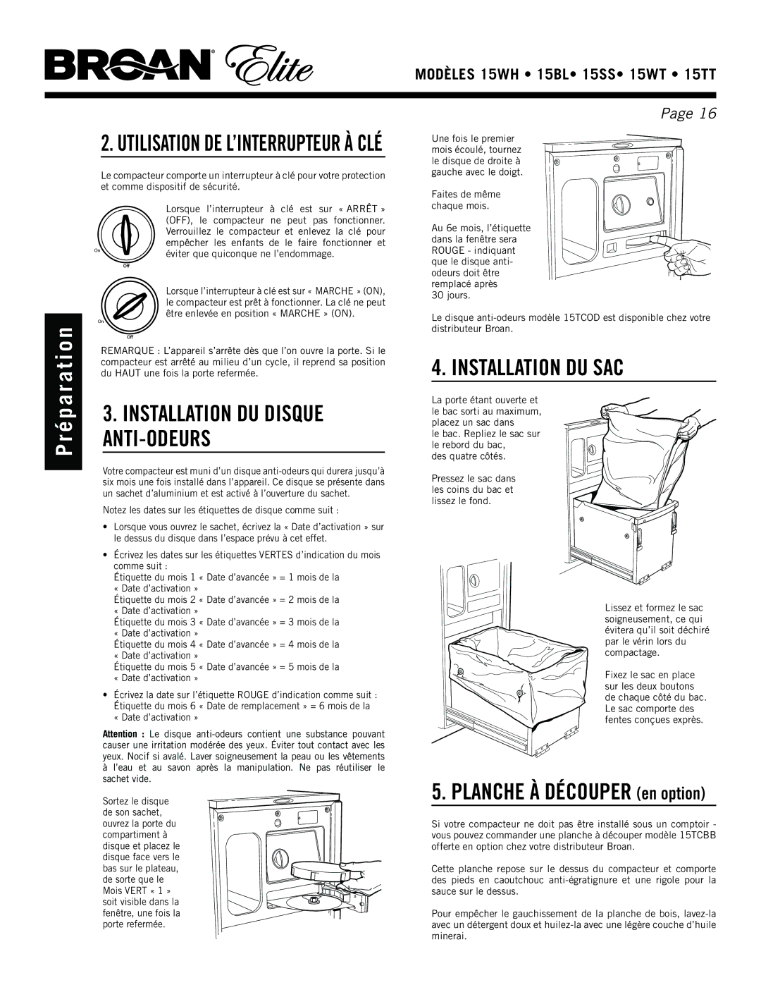 Broan 15WH, 15ss, 15TT, 15WT manual Installation DU SAC, Installation DU Disque ANTI-ODEURS 