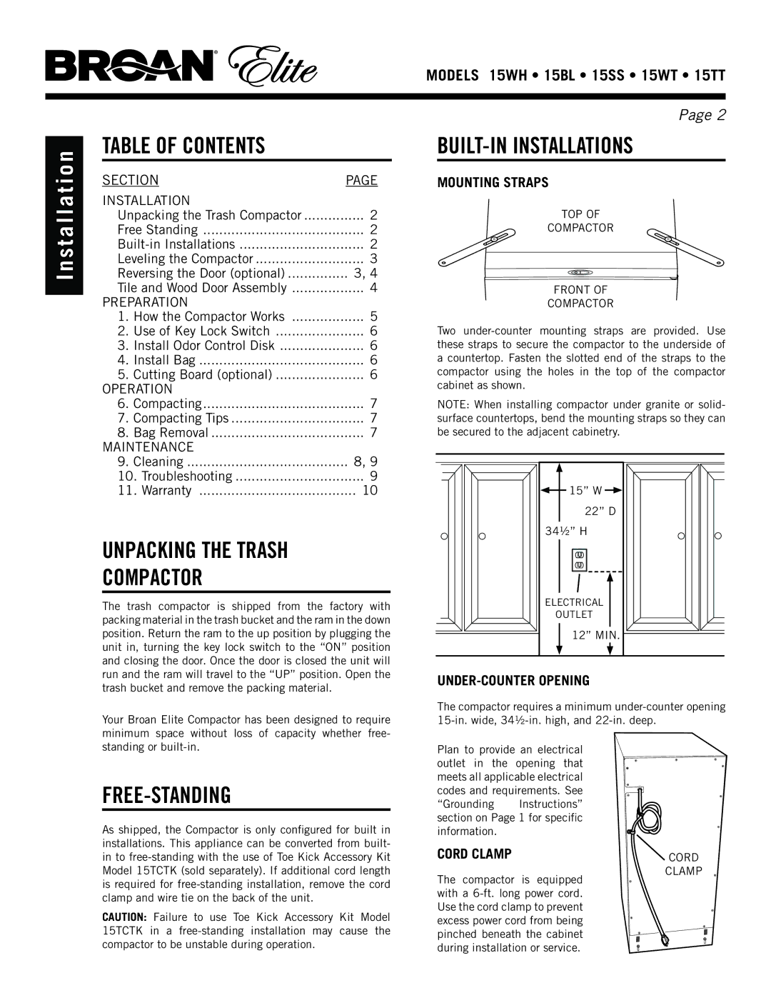 Broan 15TT, 15WH, 15ss, 15WT manual Table of contents, Unpacking the trash compactor, Built-in installations, Free-standing 