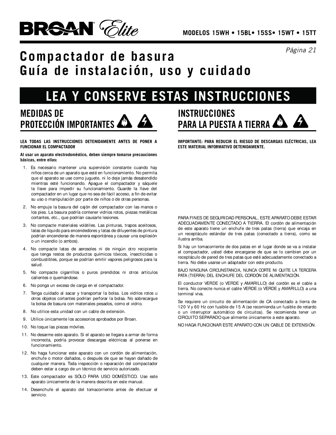 Broan 15ss, 15WH, 15TT, 15WT Instrucciones Para LA Puesta a Tierra, No Haga Funcionar Este Aparato CON UN Cable DE Extensión 