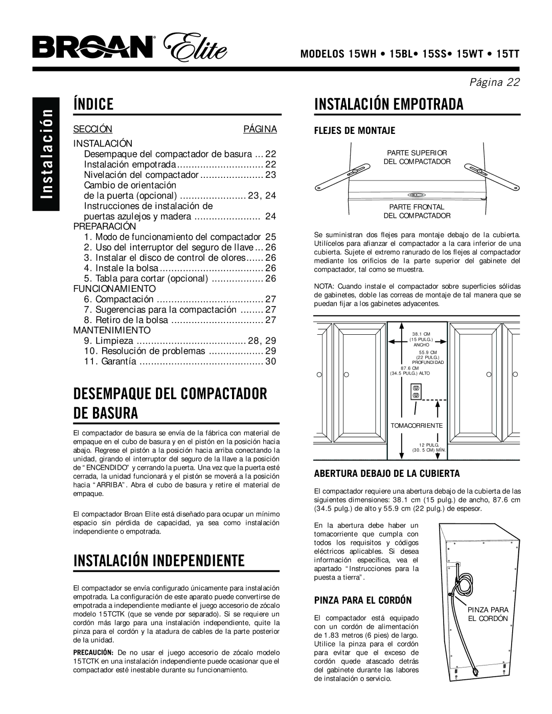 Broan 15TT, 15WH Índice, Instalación Empotrada, Flejes DE Montaje, Abertura Debajo DE LA Cubierta, Pinza Para EL Cordón 