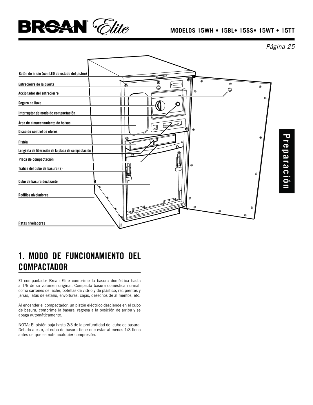 Broan 15ss, 15WH, 15TT, 15WT manual Pr e p a r a c i ó n, Modo DE Funcionamiento DEL Compactador 