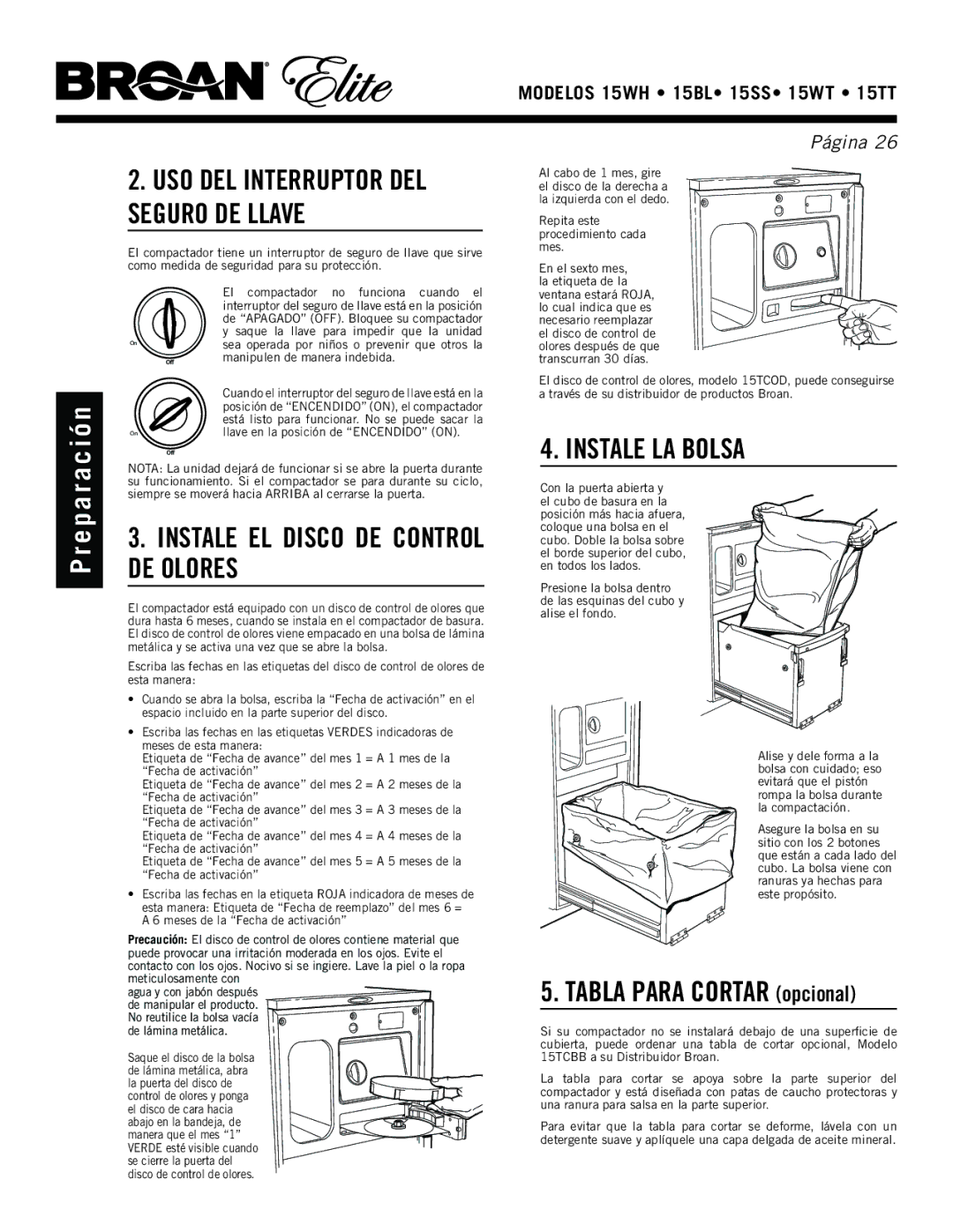 Broan 15TT, 15WH, 15ss, 15WT manual Instale EL Disco DE Control DE Olores, Instale LA Bolsa 