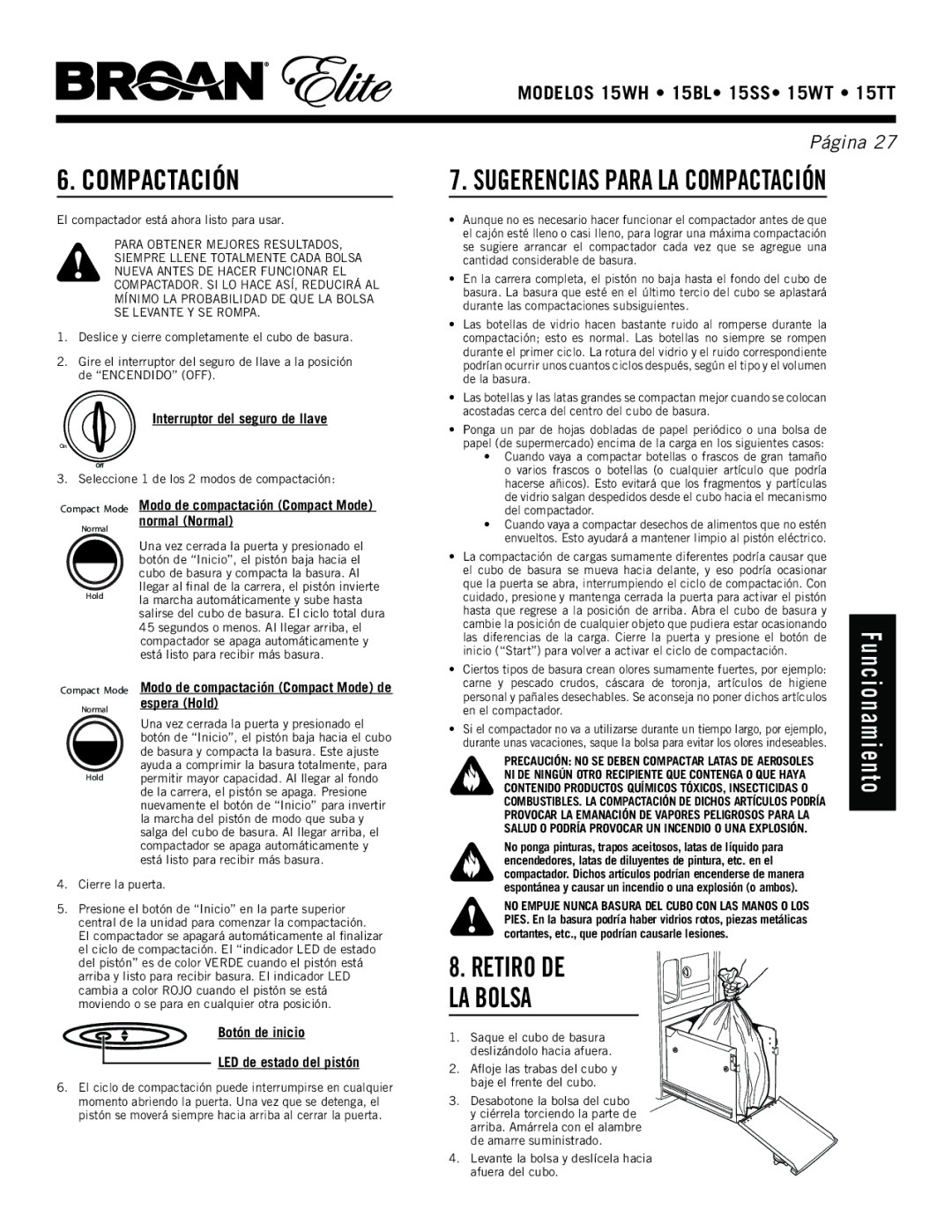 Broan 15WT, 15WH, 15ss, 15TT manual Compactación, Retiro DE LA Bolsa 