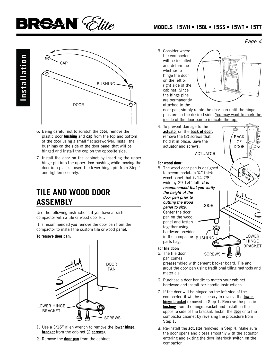 Broan 15WH, 15ss, 15TT, 15WT manual S t a l l a t i o n, Tile and Wood Door Assembly 