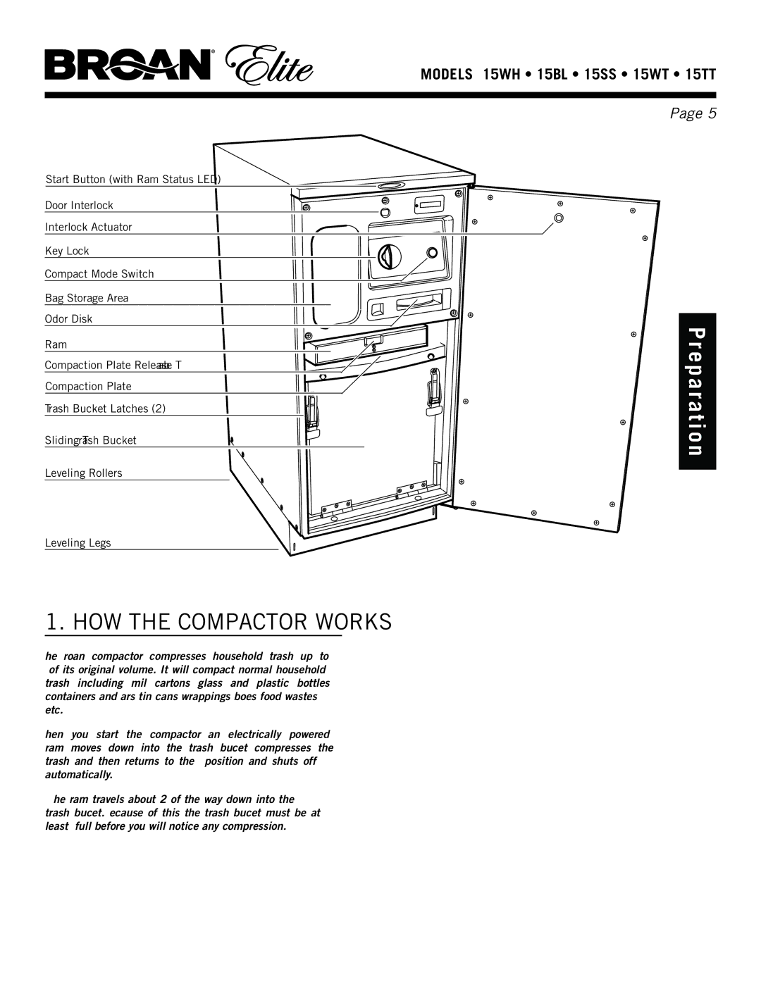 Broan 15ss, 15WH, 15TT, 15WT manual How the compactor works, Pr e p a r a t i o n 