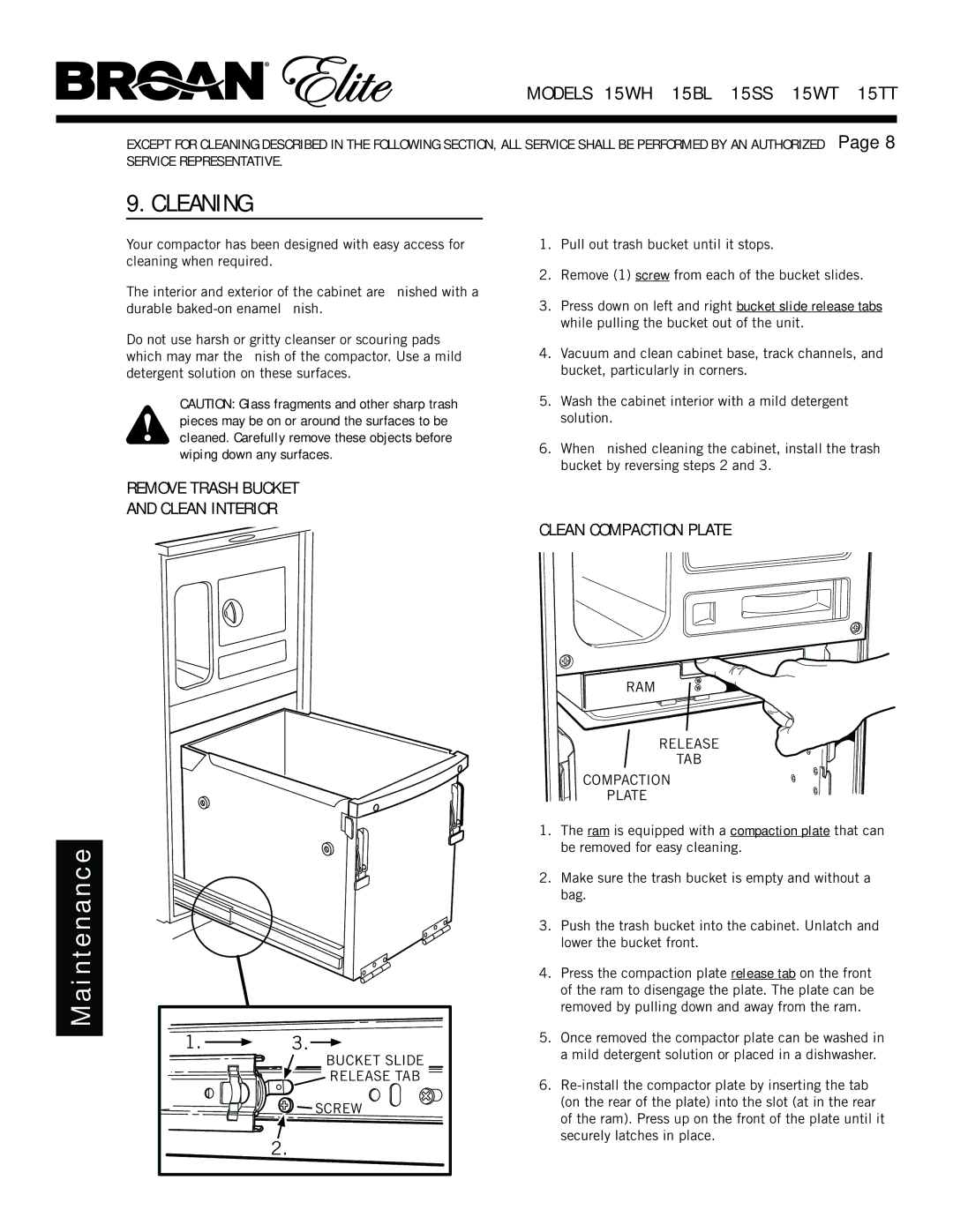 Broan 15WH, 15ss, 15TT, 15WT manual Cleaning, Ma i n t e n a n c e, Clean Interior 