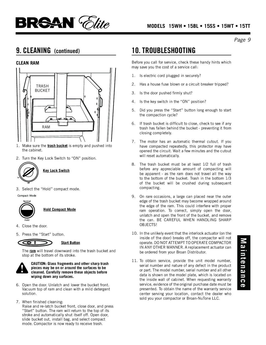 Broan 15ss, 15WH, 15TT, 15WT manual Troubleshooting, Start Button 