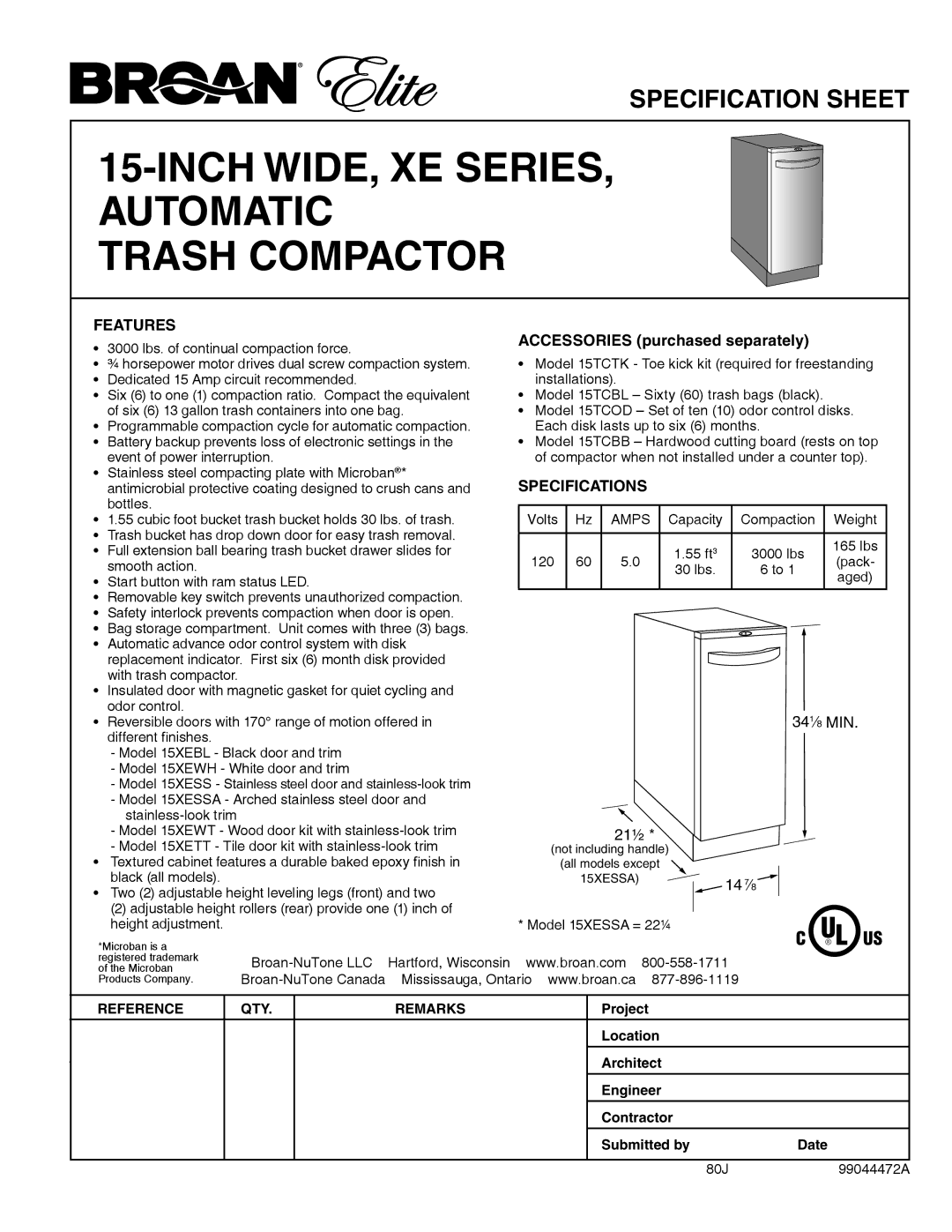 Broan 15XeTT specifications Inch wide, XE Series, automatic Trash compactor, Features, Accessories purchased separately 