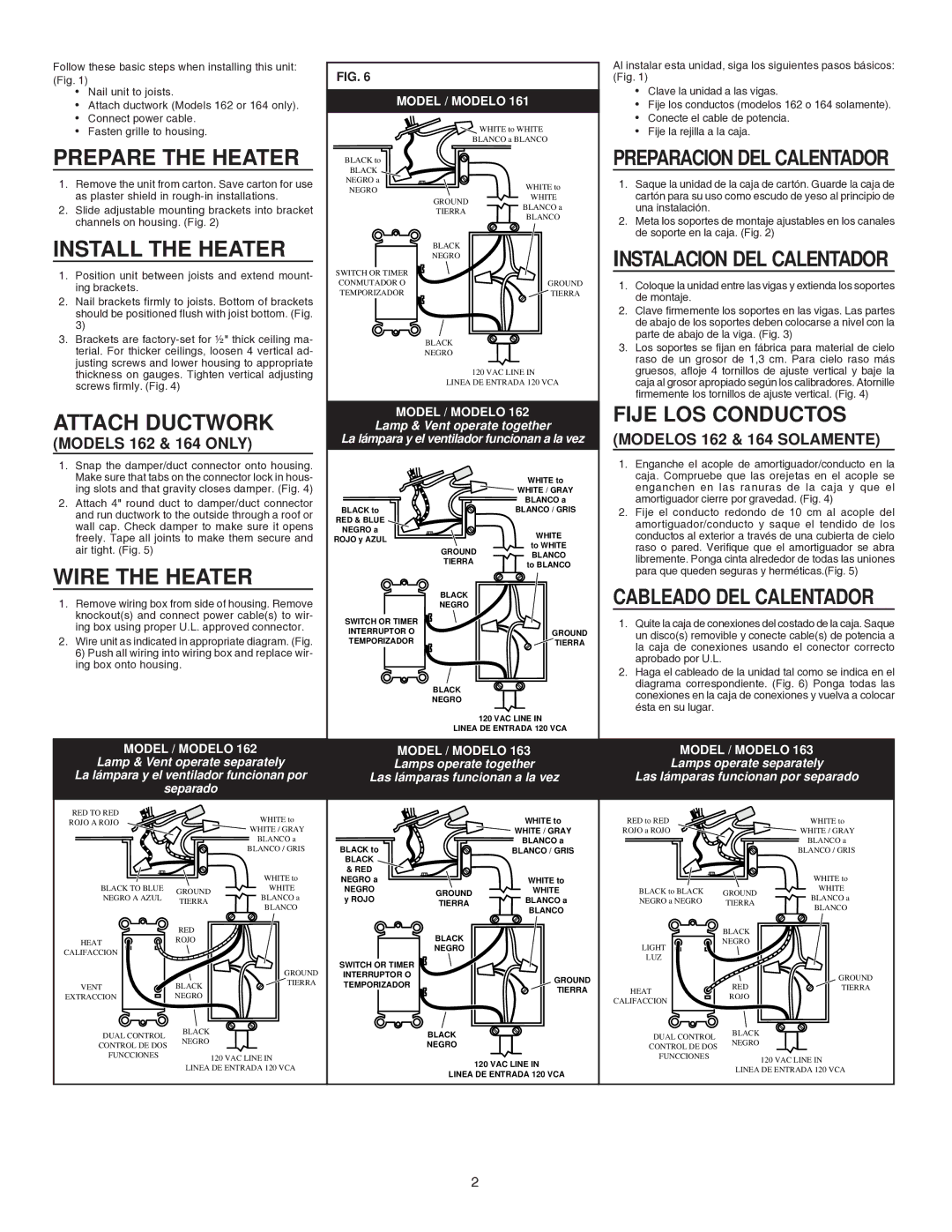 Broan 163, 161, 164, 162 Prepare the Heater, Install the Heater, Attach Ductwork, Wire the Heater, Cableado DEL Calentador 