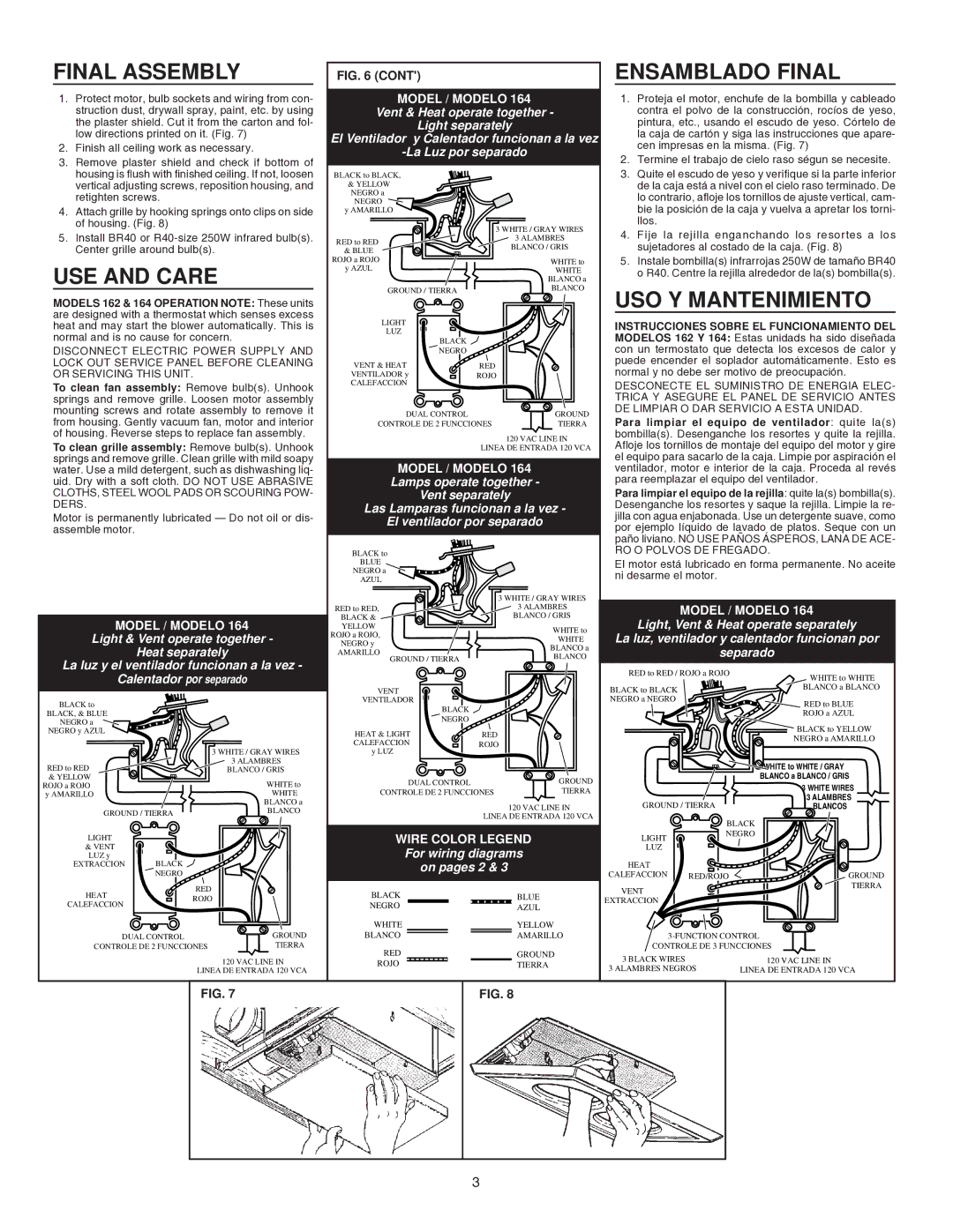 Broan 162, 161, 164, 163 warranty Final Assembly, USE and Care, Ensamblado Final, USO Y Mantenimiento 