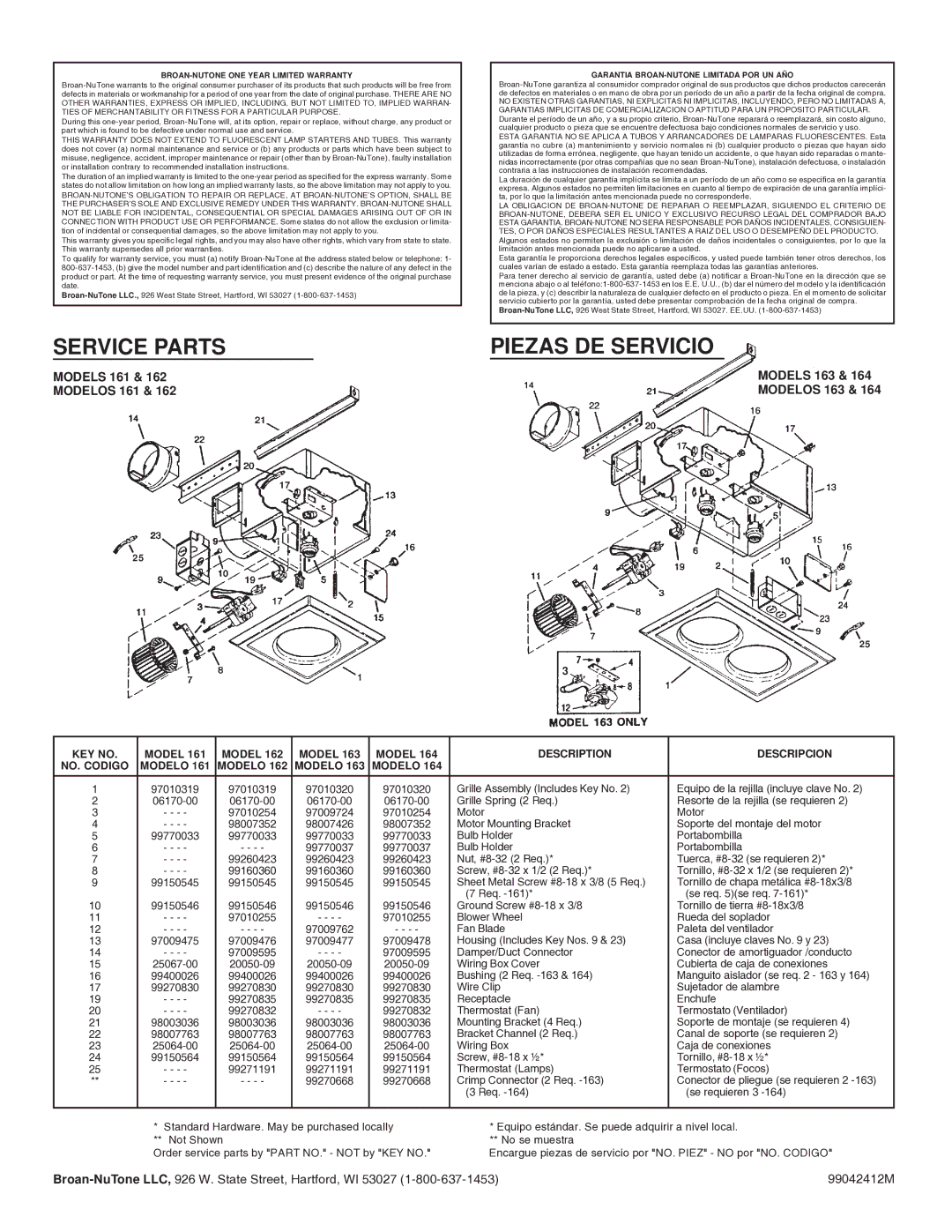 Broan 161, 164, 163, 162 warranty Service Parts, Piezas DE Servicio, Model Description Descripcion NO. Codigo Modelo 