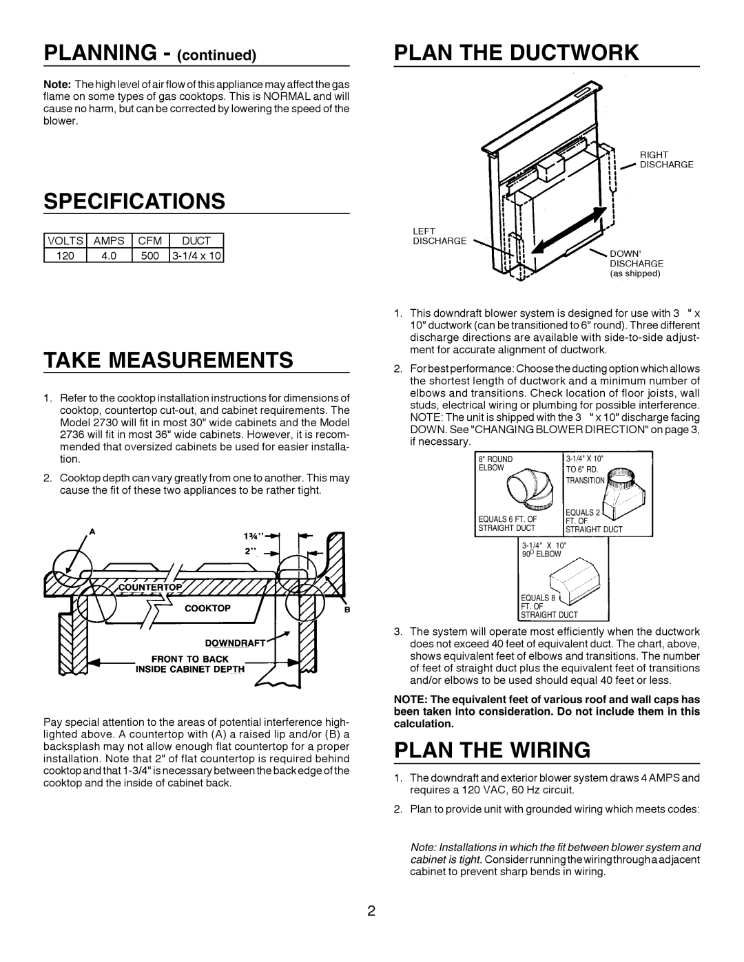 Broan 273003 warranty Plan the Ductwork Specifications, Take Measurements, Plan the Wiring, 120 500 4 x 