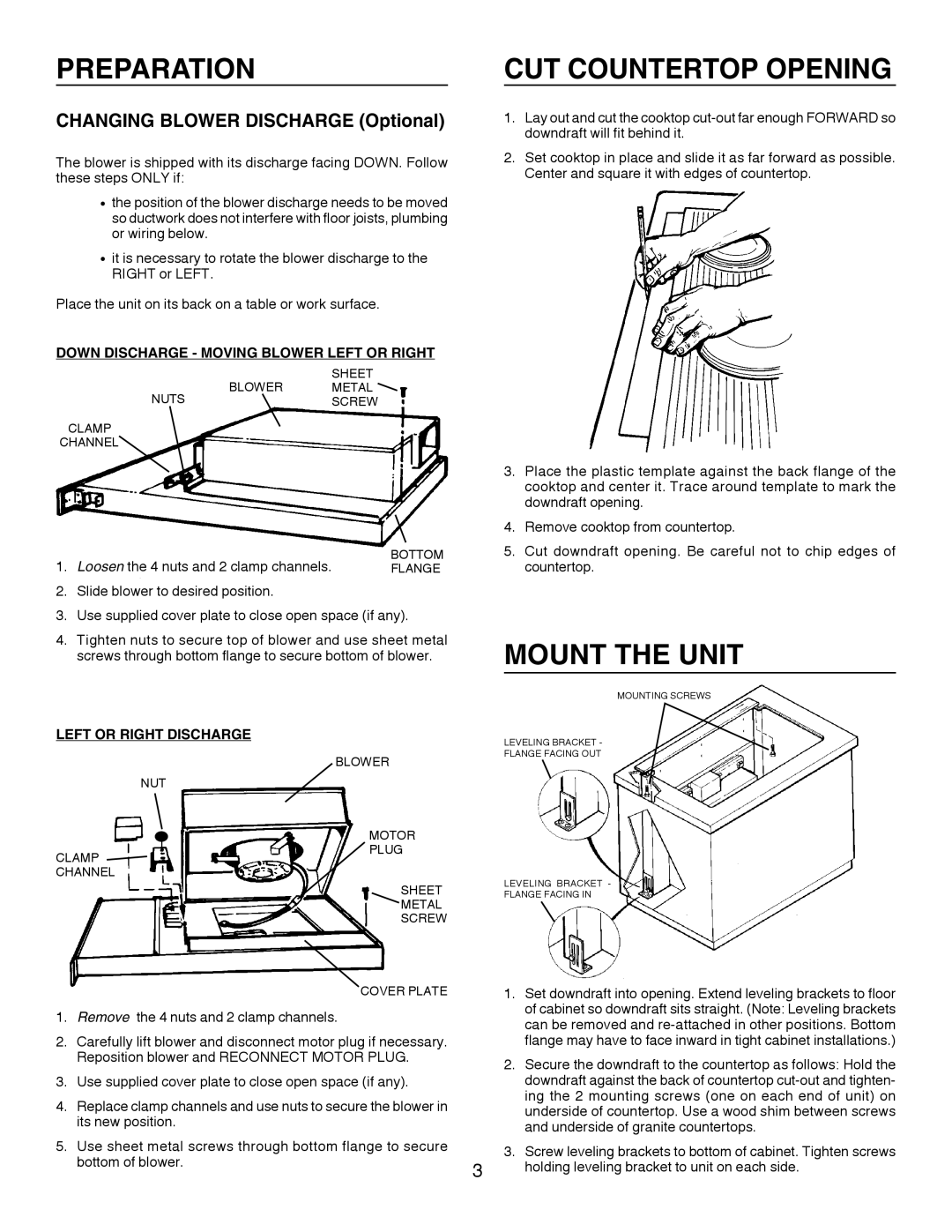 Broan 273003 warranty Preparation, Mount the Unit, Down Discharge Moving Blower Left or Right, Left or Right Discharge 