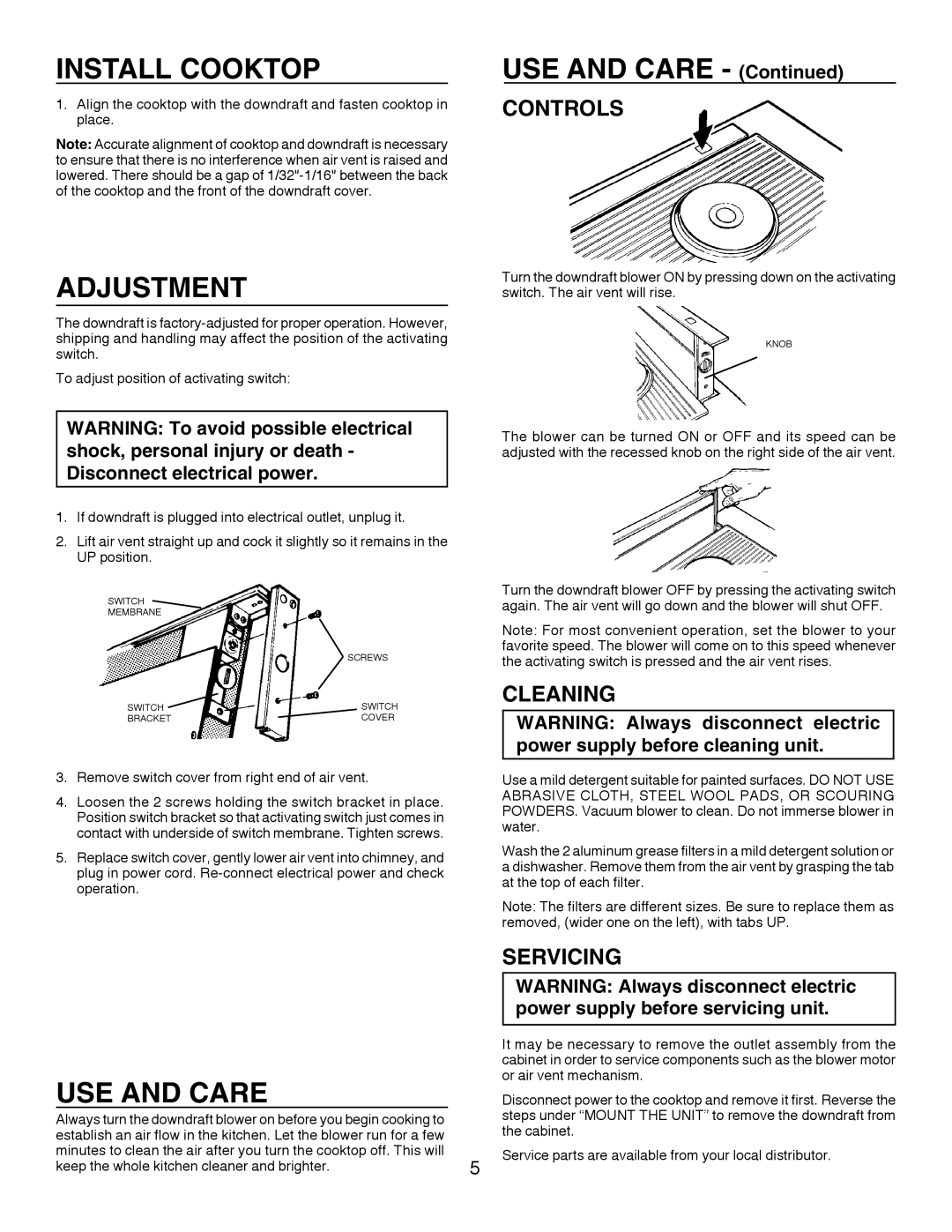 Broan 273003 warranty Install Cooktop, Adjustment, USE and Care 