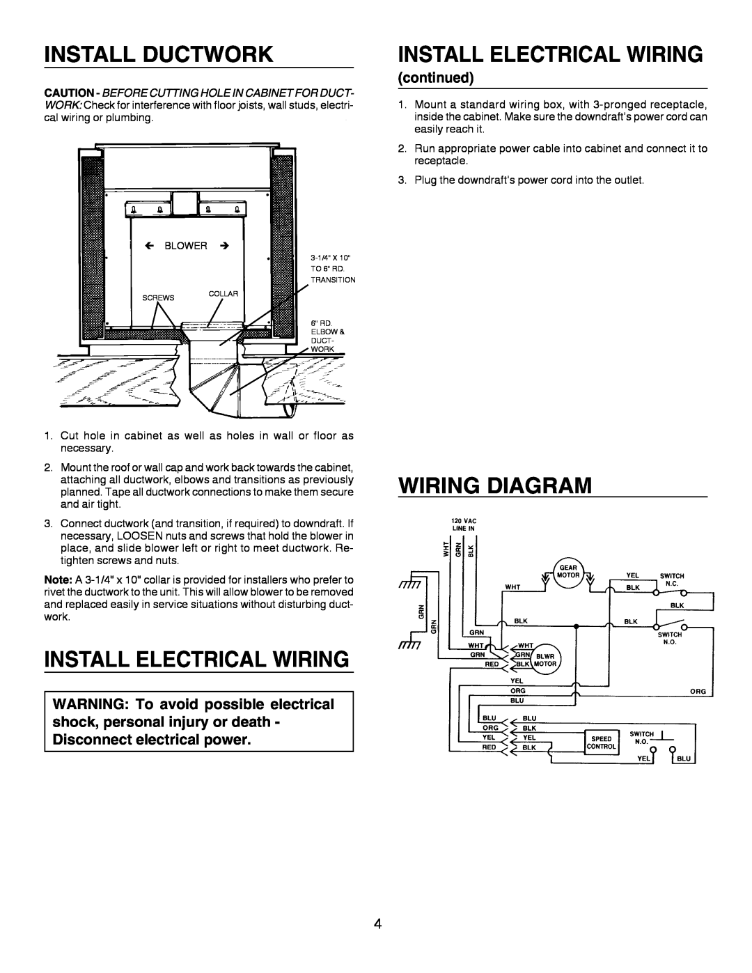 Broan 273003 warranty Install Ductwork, Install Electrical Wiring, Wiring Diagram, continued 