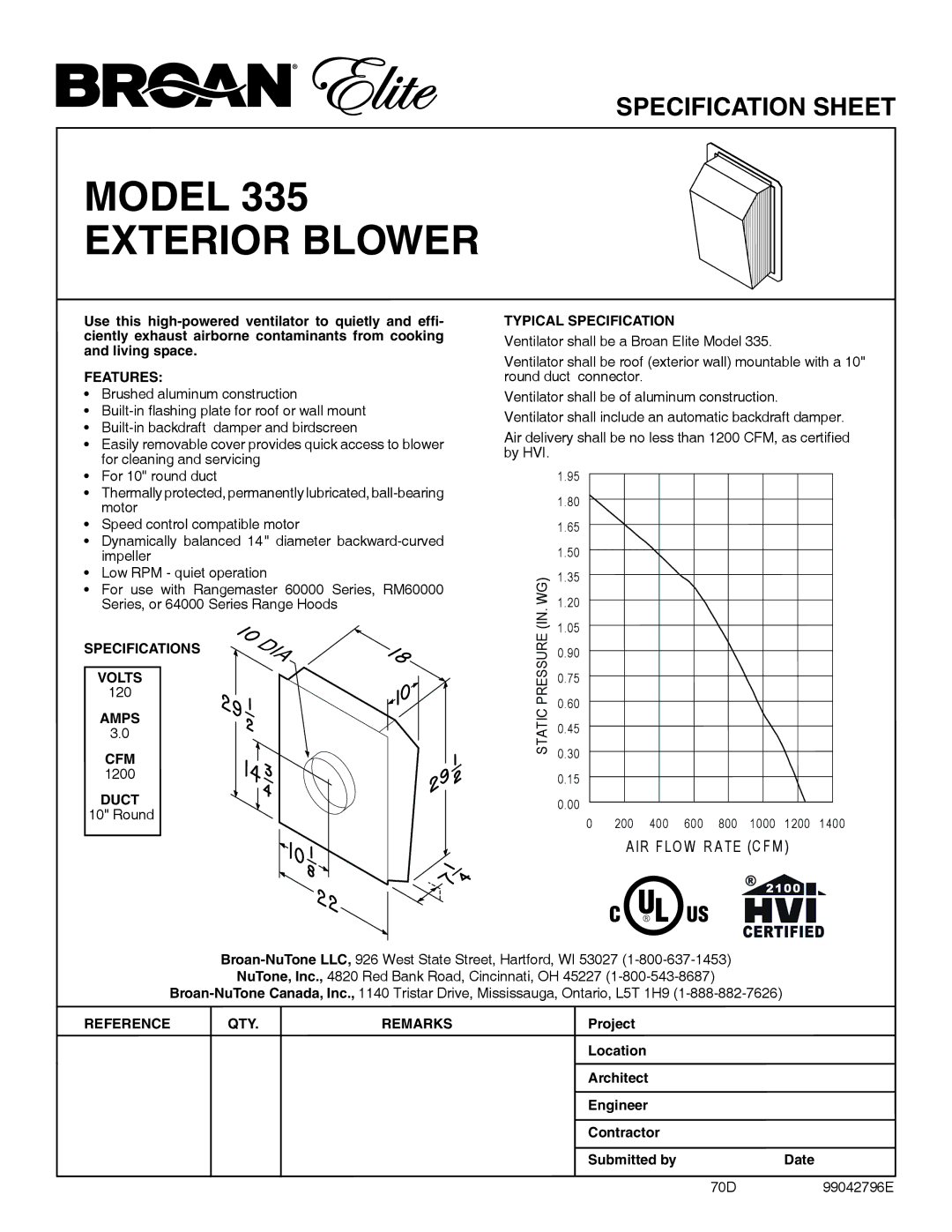 Broan 335 specifications Model Exterior Blower, Air F Lo W R Ate C F M 