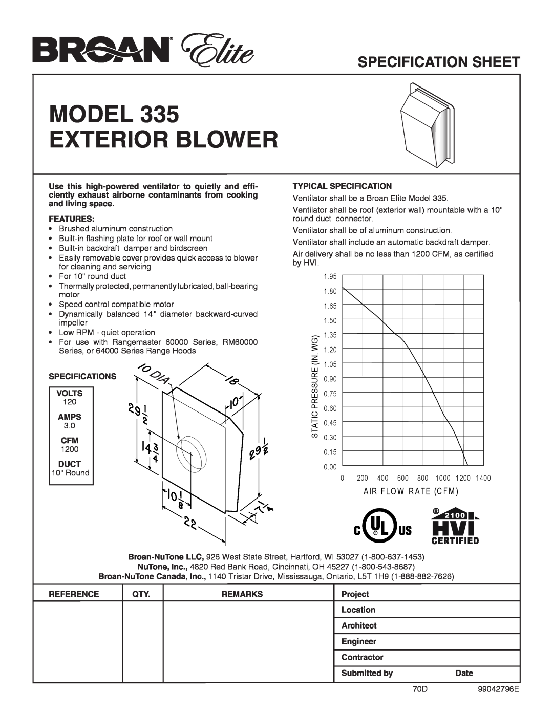 Broan 335 specifications Model Exterior Blower, Specification Sheet, Air F Lo W R Ate C F M 