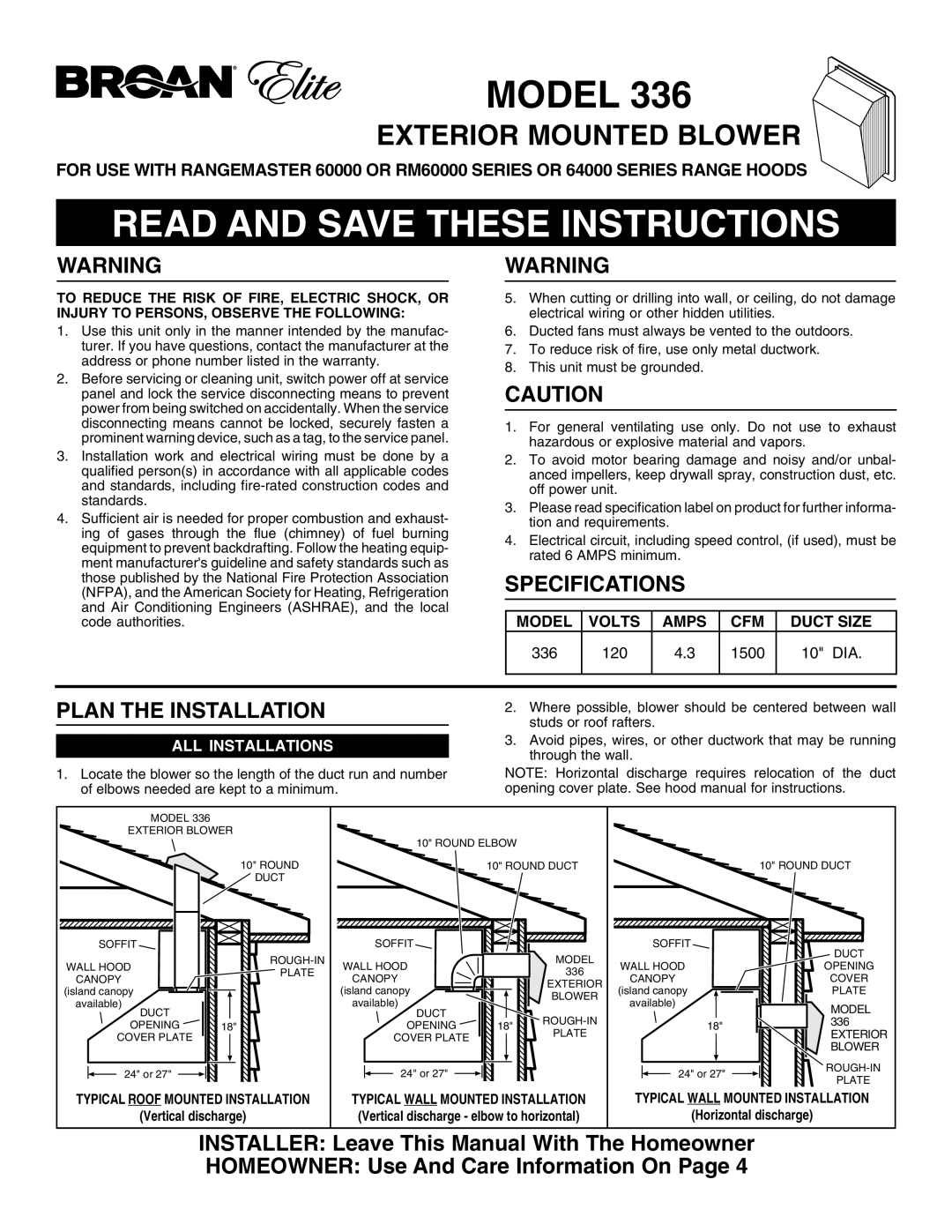 Broan specifications Specifications, Plan the Installation, 336 120 1500 10 DIA, ALL Installations, Rough-In 