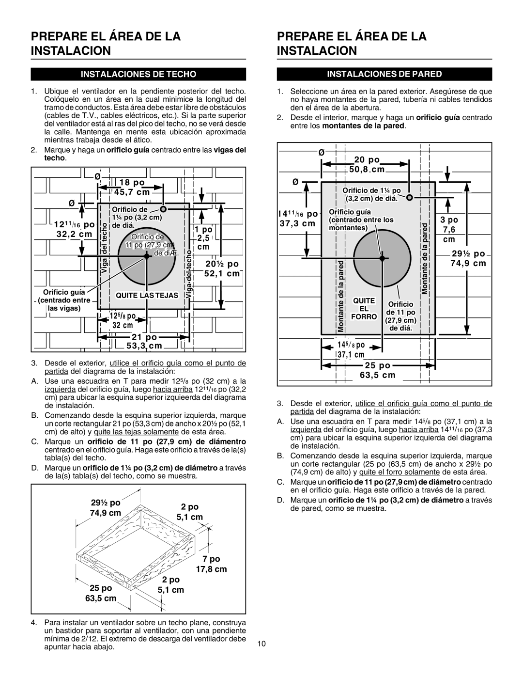 Broan 336 specifications Prepare EL Área DE LA Instalacion, Instalaciones DE Techo, Instalaciones DE Pared 