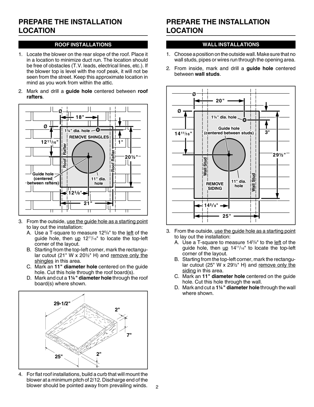 Broan 336 specifications Prepare the Installation Location, Roof Installations, Wall Installations 