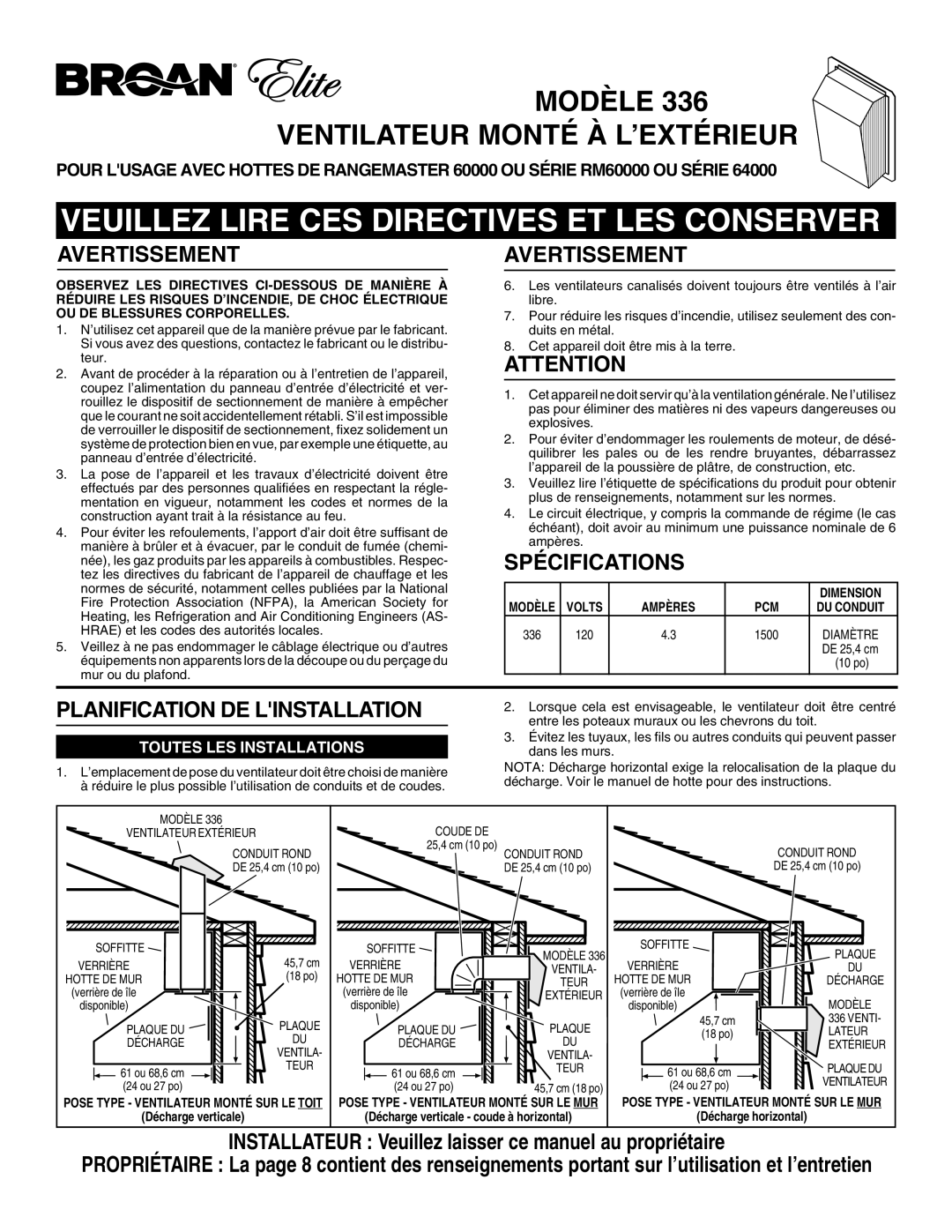 Broan 336 Avertissementavertissement, Spécifications, Planification DE Linstallation, Toutes LES Installations 